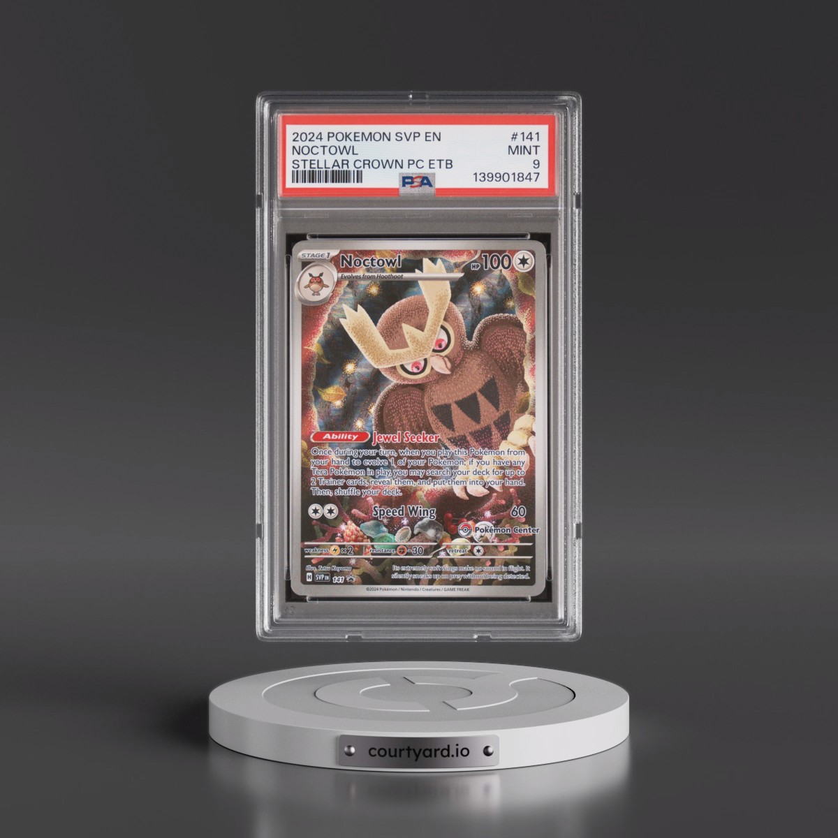 2024 Pokémon Svp EN-SV Black Star Promo #141 Noctowl - Stellar Crown Pokemon Center Elite Trainer Box (PSA 9 MINT)