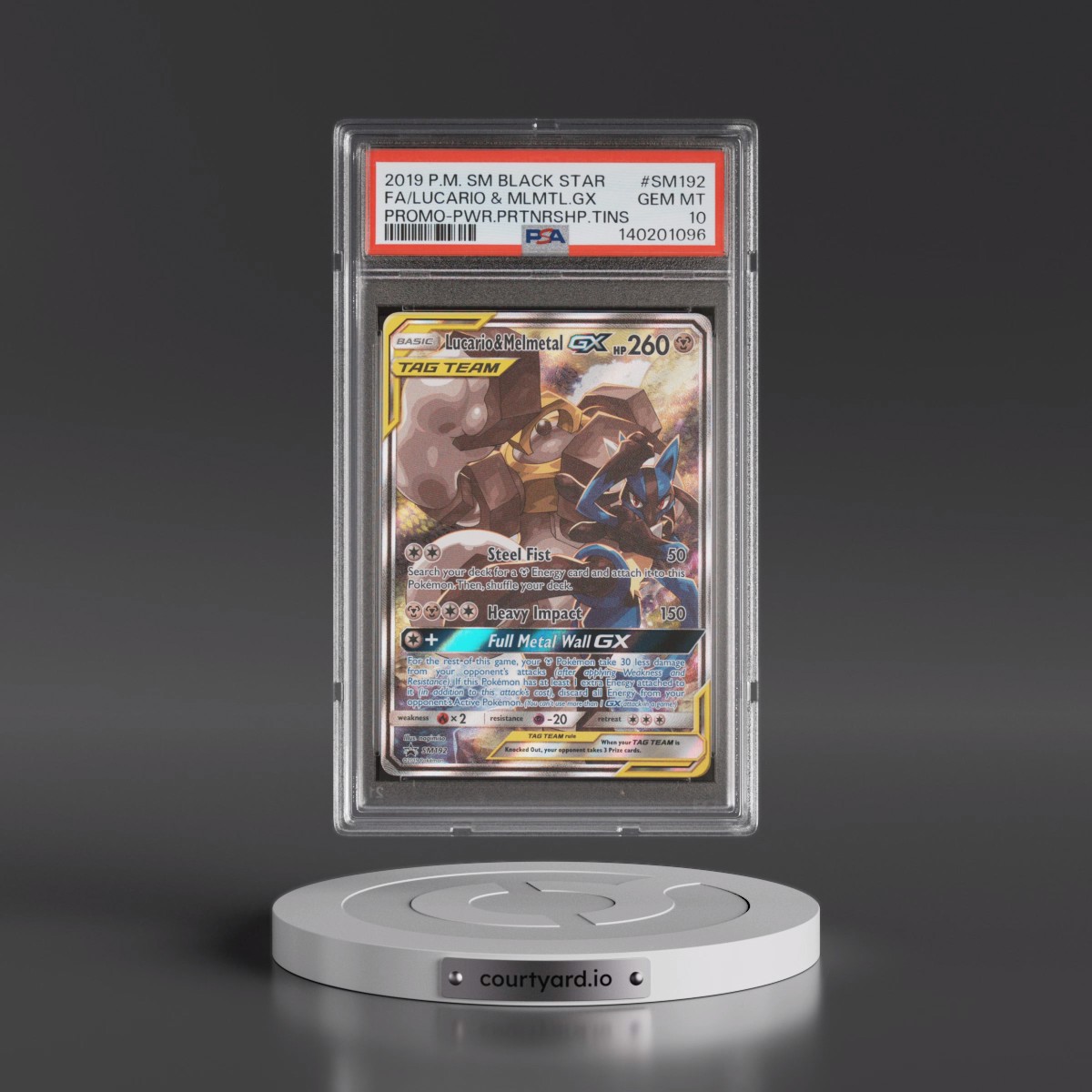 2019 Pokémon SM Black Star Promo #SM192 Lucario & Melmetal GX - Holo Full Art Power Partnership Tins (PSA 10 GEM MINT)