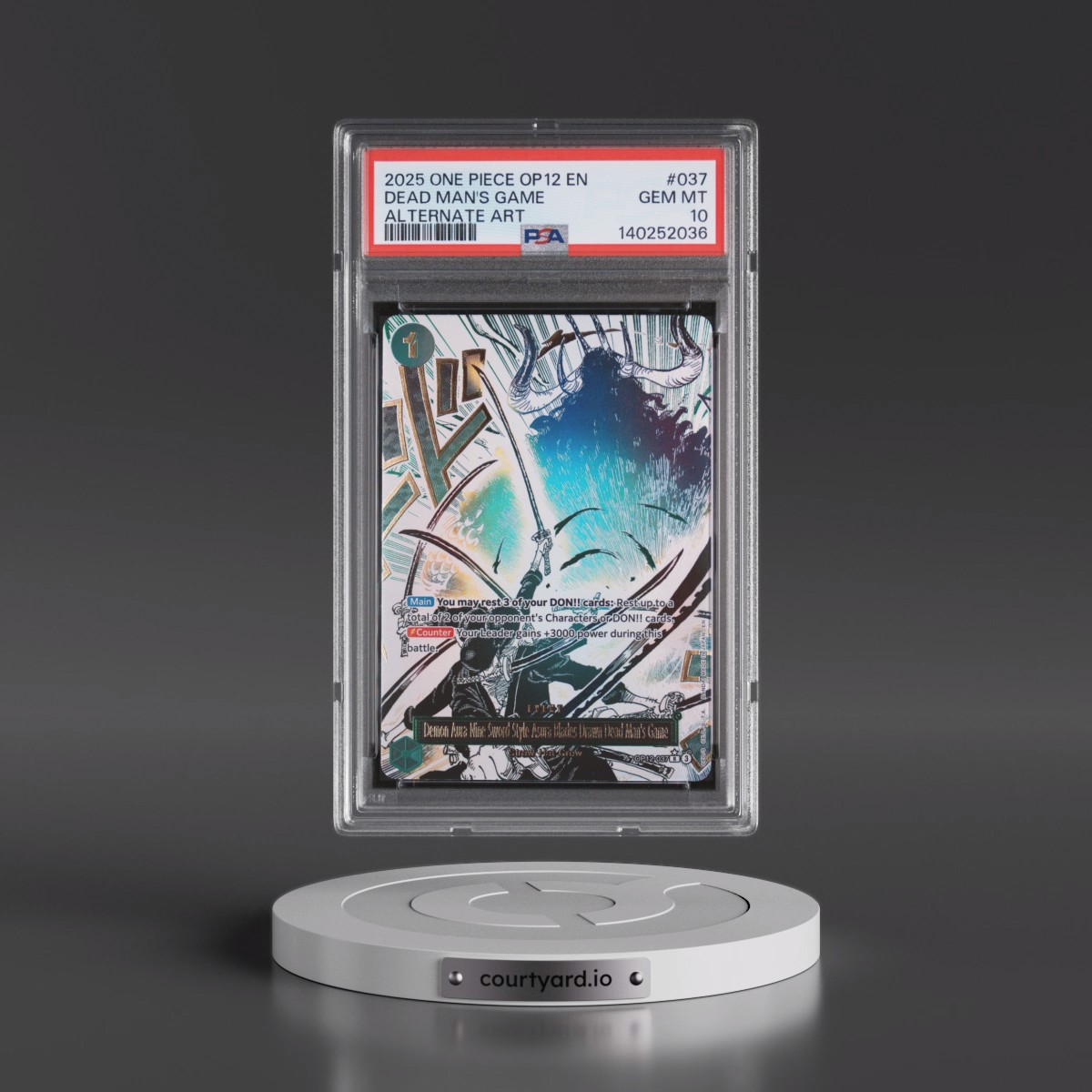 2025 One Piece OP12-Legacy of the Master #037 Demon Aura Nine-Sword Style Asura Blades Drawn Dead Man's Game - Alternate Art (PSA 10 GEM MINT)