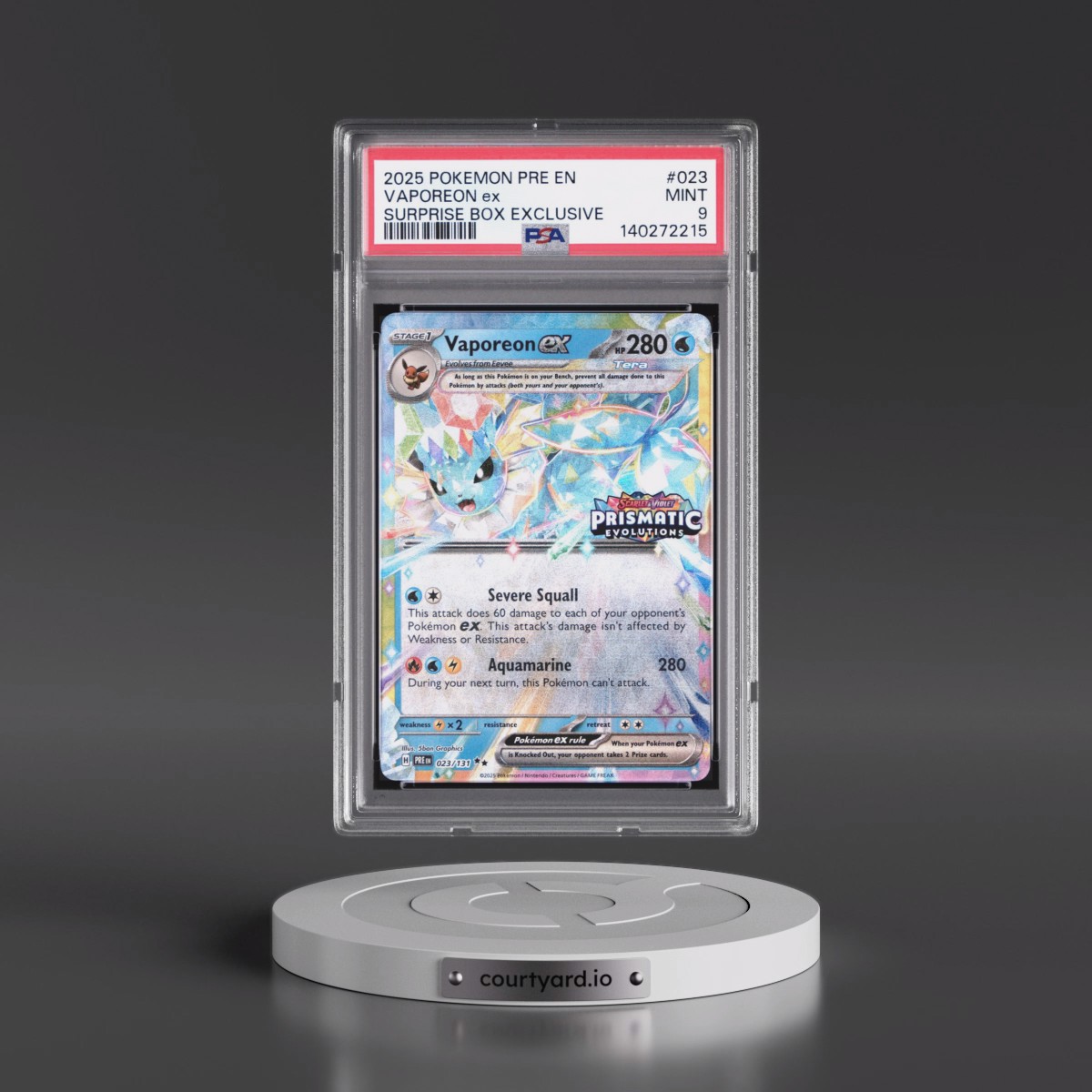2025 Pokémon Pre EN-Prismatic Evolutions #023 Vaporeon EX - Holo Surprise Box Exclusive (PSA 9 MINT)