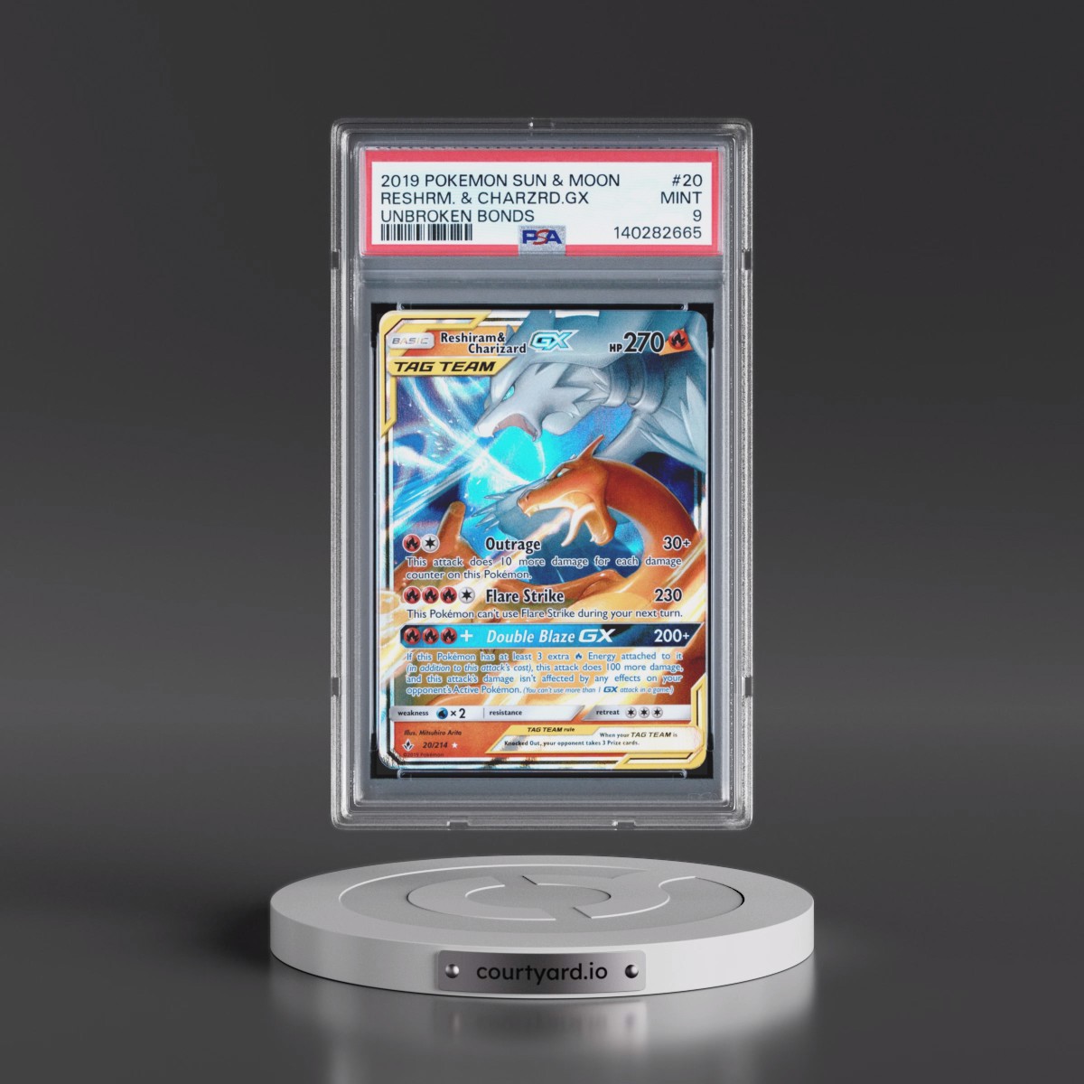 2019 Pokémon Sun & Moon Unbroken Bonds #20 Reshiram & Charizard GX - Holo (PSA 9 MINT)