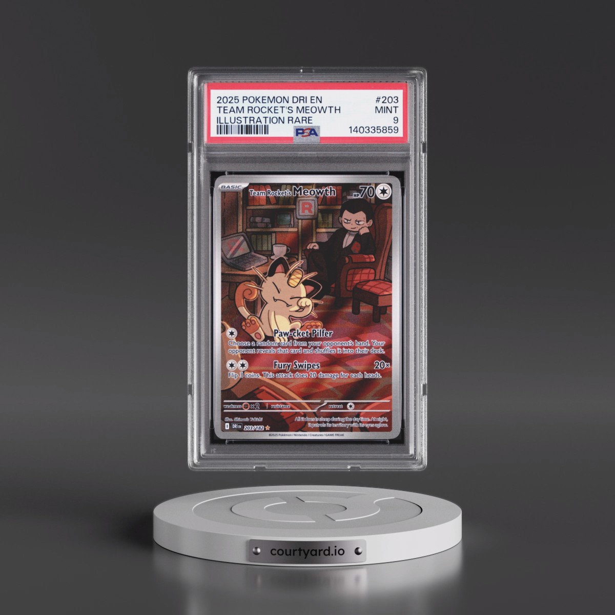2025 Pokémon Dri EN-Destined Rivals #203 Team Rocket's Meowth - Illustration Rare (PSA 9 MINT)