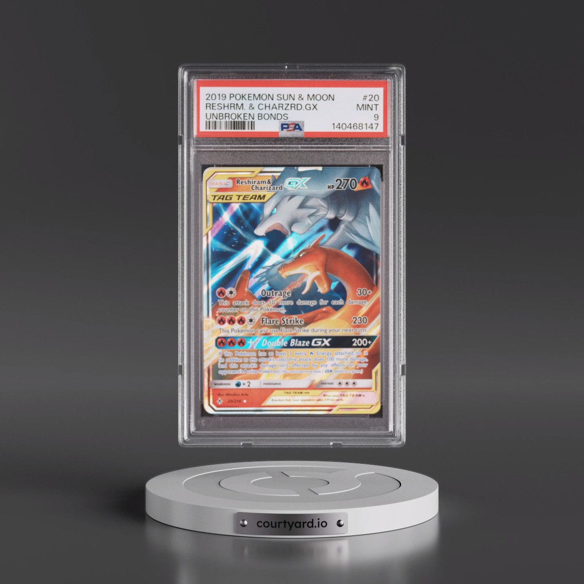 2019 Pokémon Sun & Moon Unbroken Bonds #20 Reshiram & Charizard GX - Holo (PSA 9 MINT)