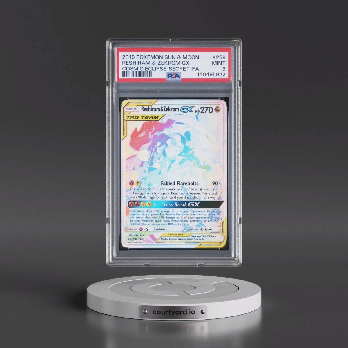 2019 Pokémon Sun & Moon Cosmic Eclipse #259 Reshiram & Zekrom GX - Holo Full Art Secret (PSA 9 MINT)