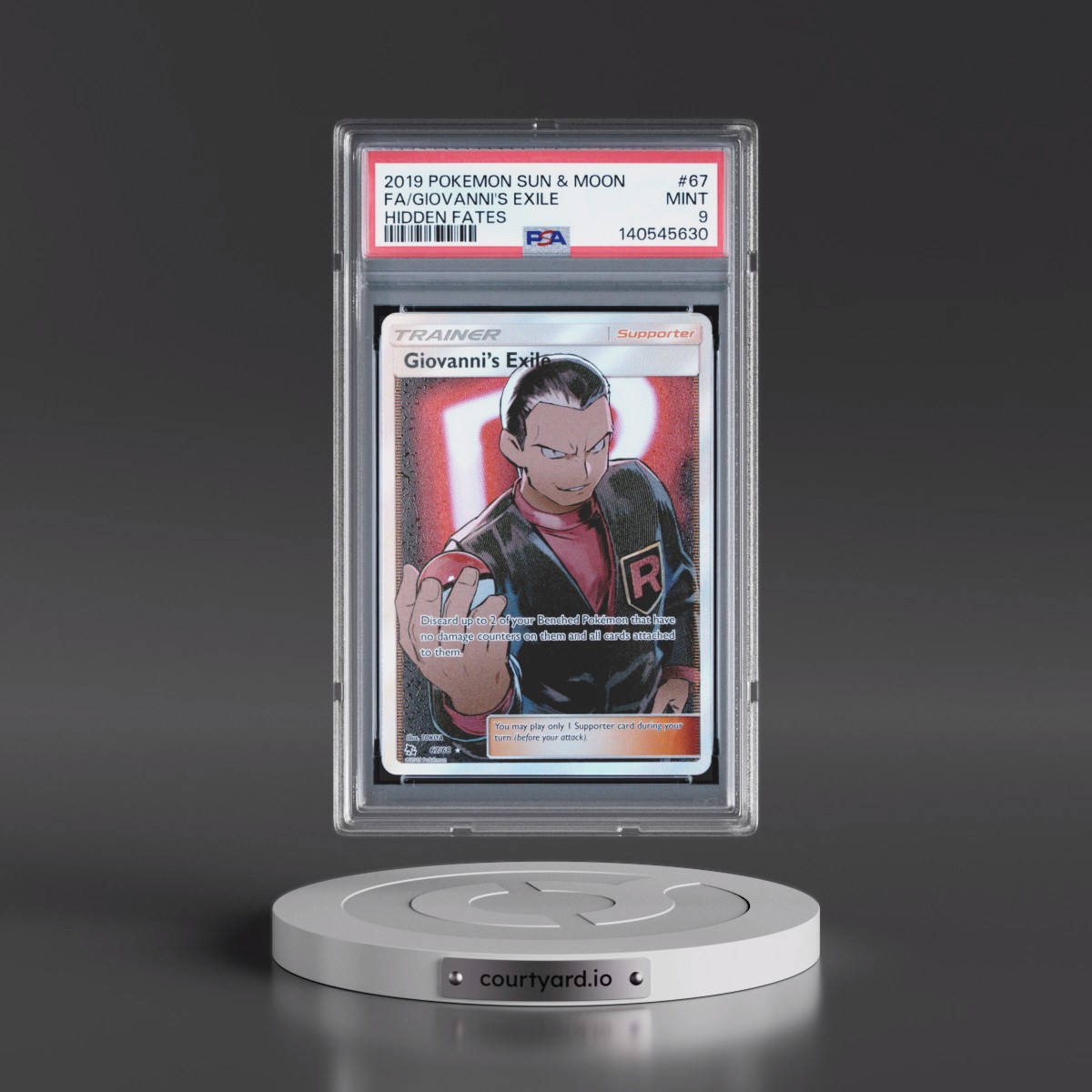 2019 Pokémon Sun & Moon Hidden Fates #67 Giovanni's Exile - Full Art (PSA 9 MINT)