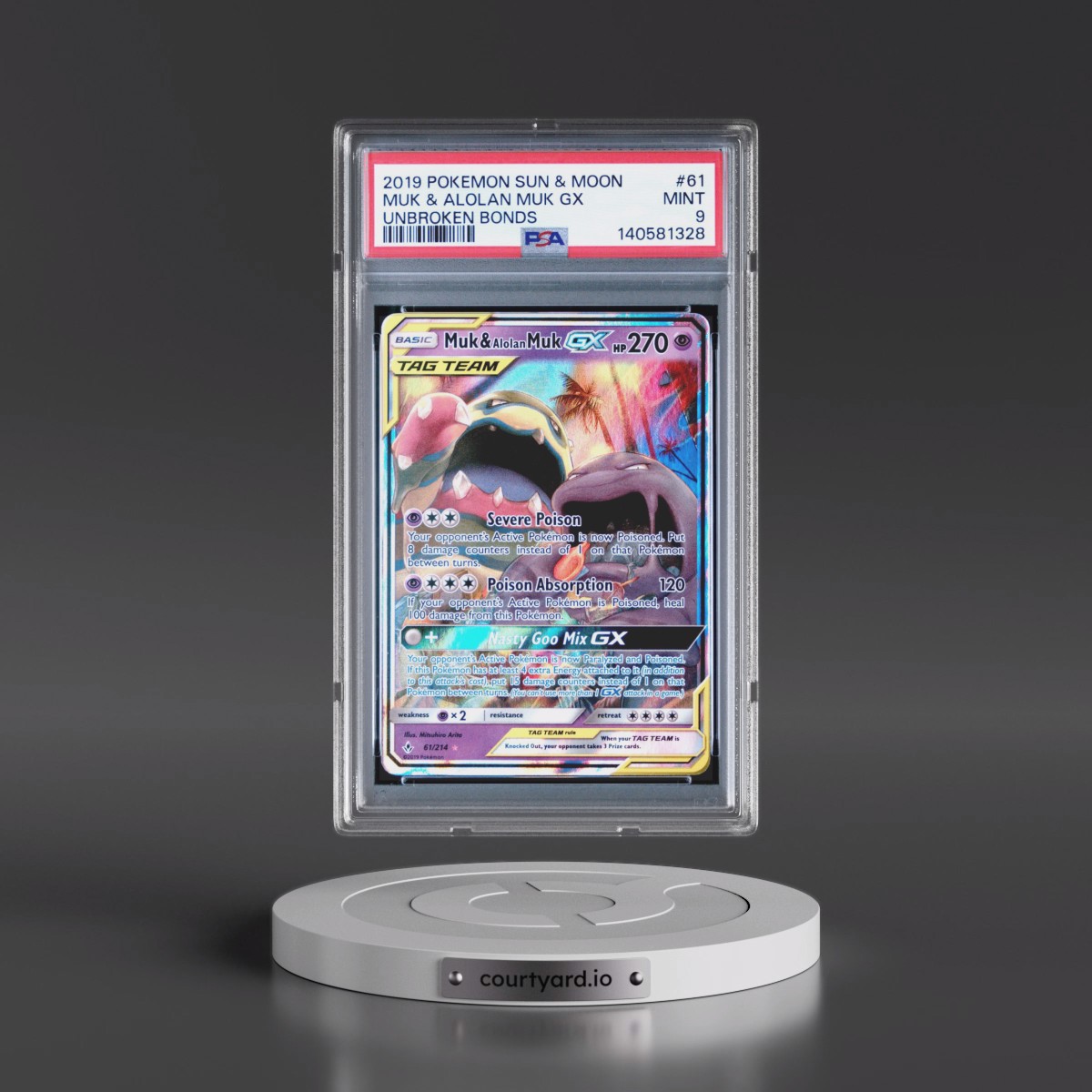 2019 Pokémon Sun & Moon Unbroken Bonds #61 Muk & Alolan Muk GX - Holo (PSA 9 MINT)