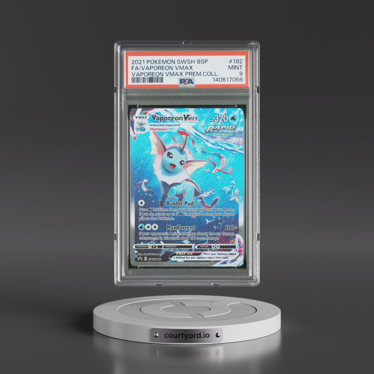 2021 Pokémon Swsh Black Star Promo #182 Vaporeon Vmax - Full Art Vaporeon Vmax Premium Collection (PSA 9 MINT)