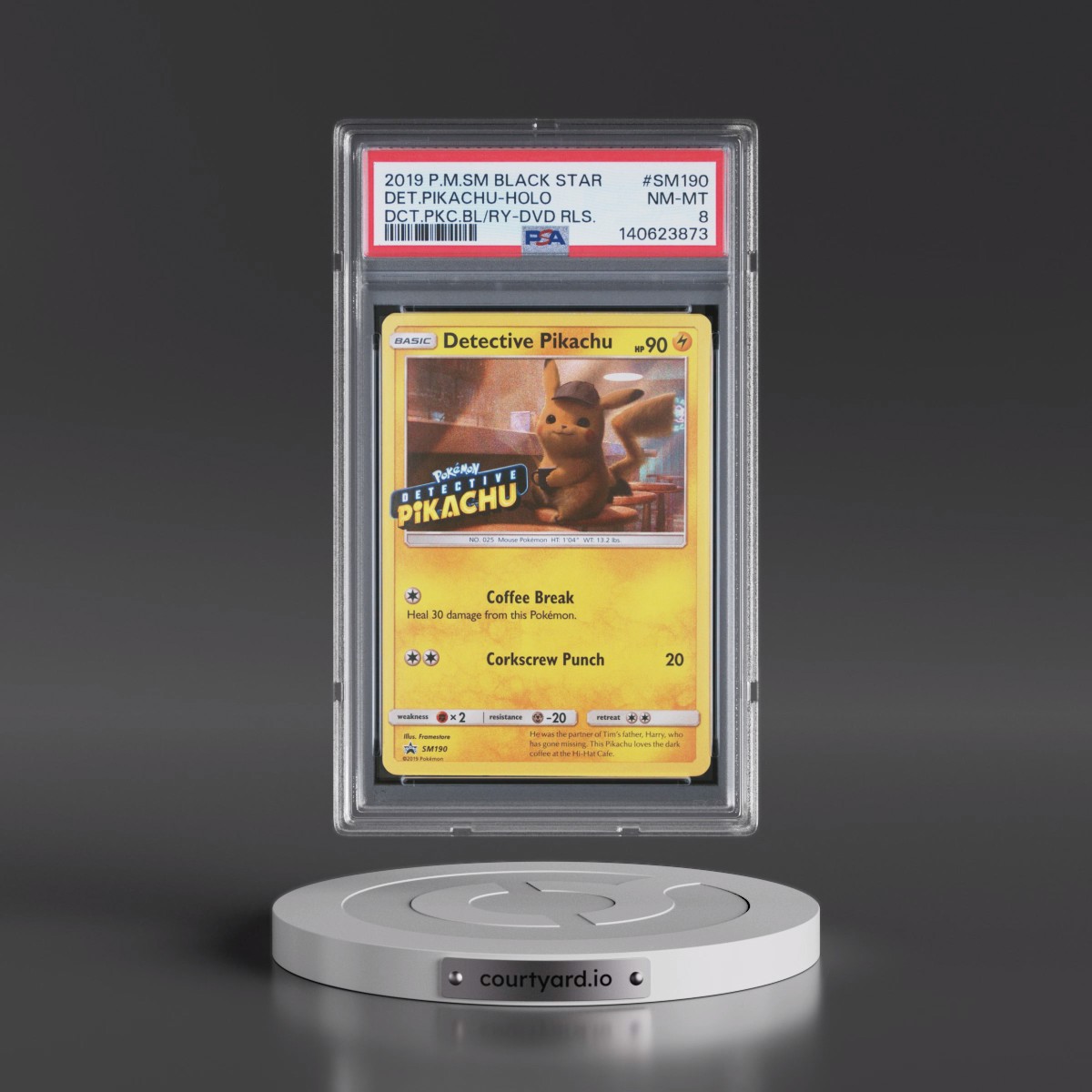 2019 Pokémon SM Black Star Promo #SM190 Detective Pikachu - Holo Detective Pikachu Blu-Ray & Dvd Release (PSA 8 NM-MT)
