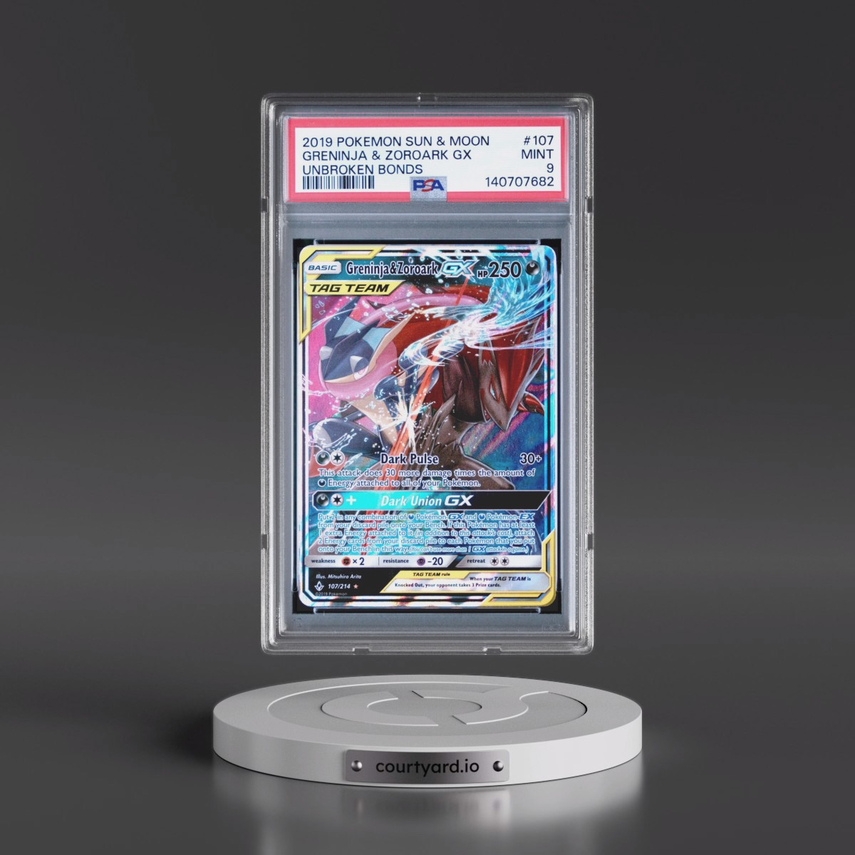 2019 Pokémon Sun & Moon Unbroken Bonds #107 Greninja & Zoroark GX - Holo (PSA 9 MINT)