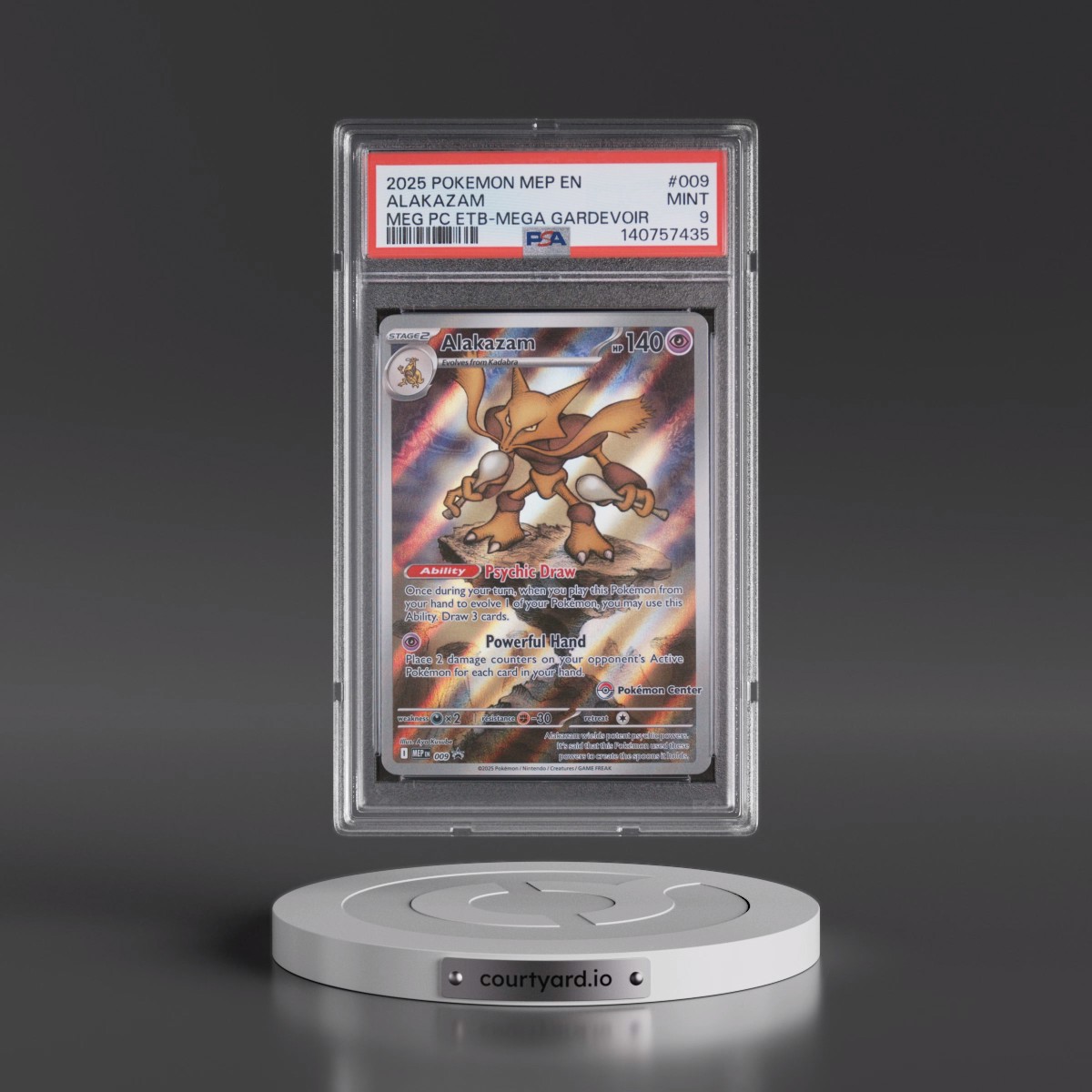 2025 Pokémon Mep EN-Me Black Star Promo #009 Alakazam - Mega Evolution Pokemon Center Elite Trainer Box-Mega Gardevoir (PSA 9 MINT)