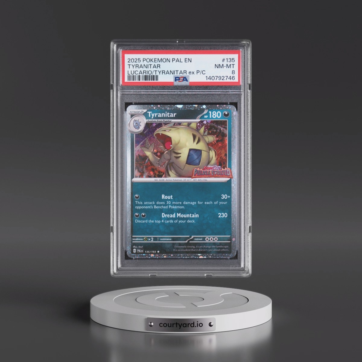 2025 Pokémon Pal EN-Paldea Evolved #135 Tyranitar - Lucario EX & Tyranitar EX Premium Collection (PSA 8 NM-MT)