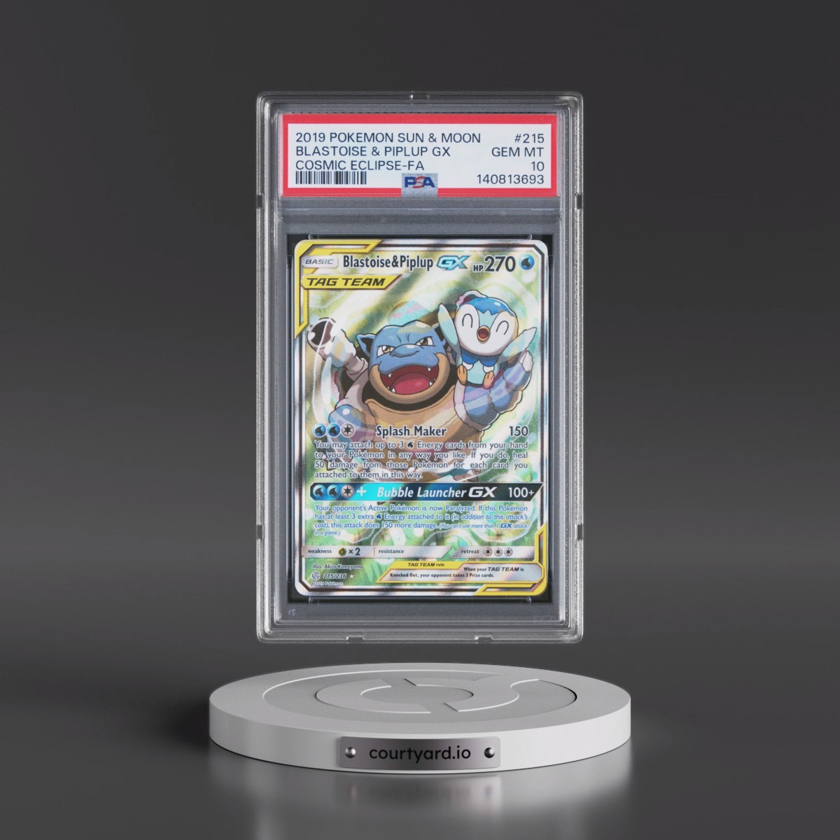 2019 Pokémon Sun & Moon Cosmic Eclipse Blastoise & Piplup GX - Holo Full Art #215 PSA 10