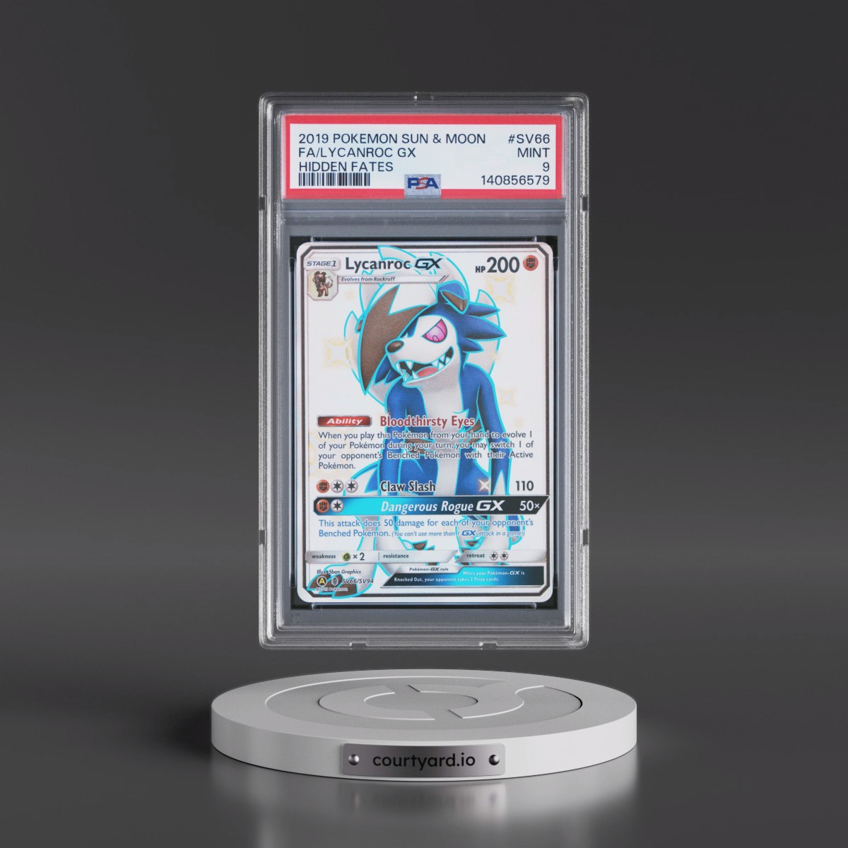 2019 Pokémon Sun & Moon Hidden Fates #SV66 Lycanroc GX - Holo Full Art (PSA 9 MINT)