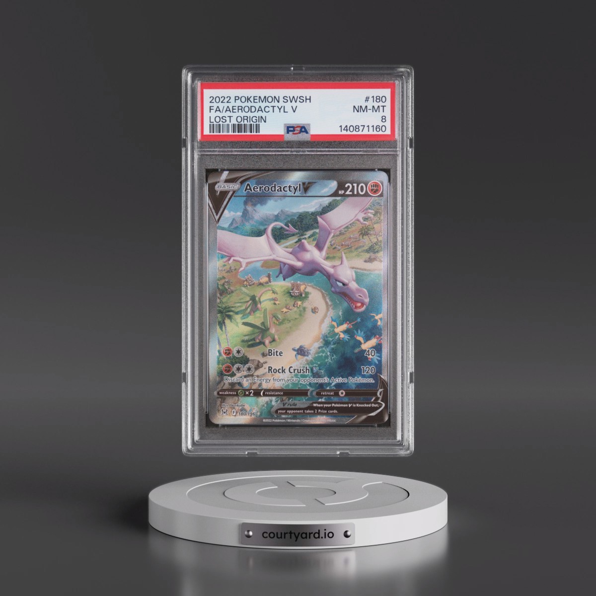 2022 Pokémon Sword & Shield Lost Origin #180 Aerodactyl V - Holo Full Art (PSA 8 NM-MT)