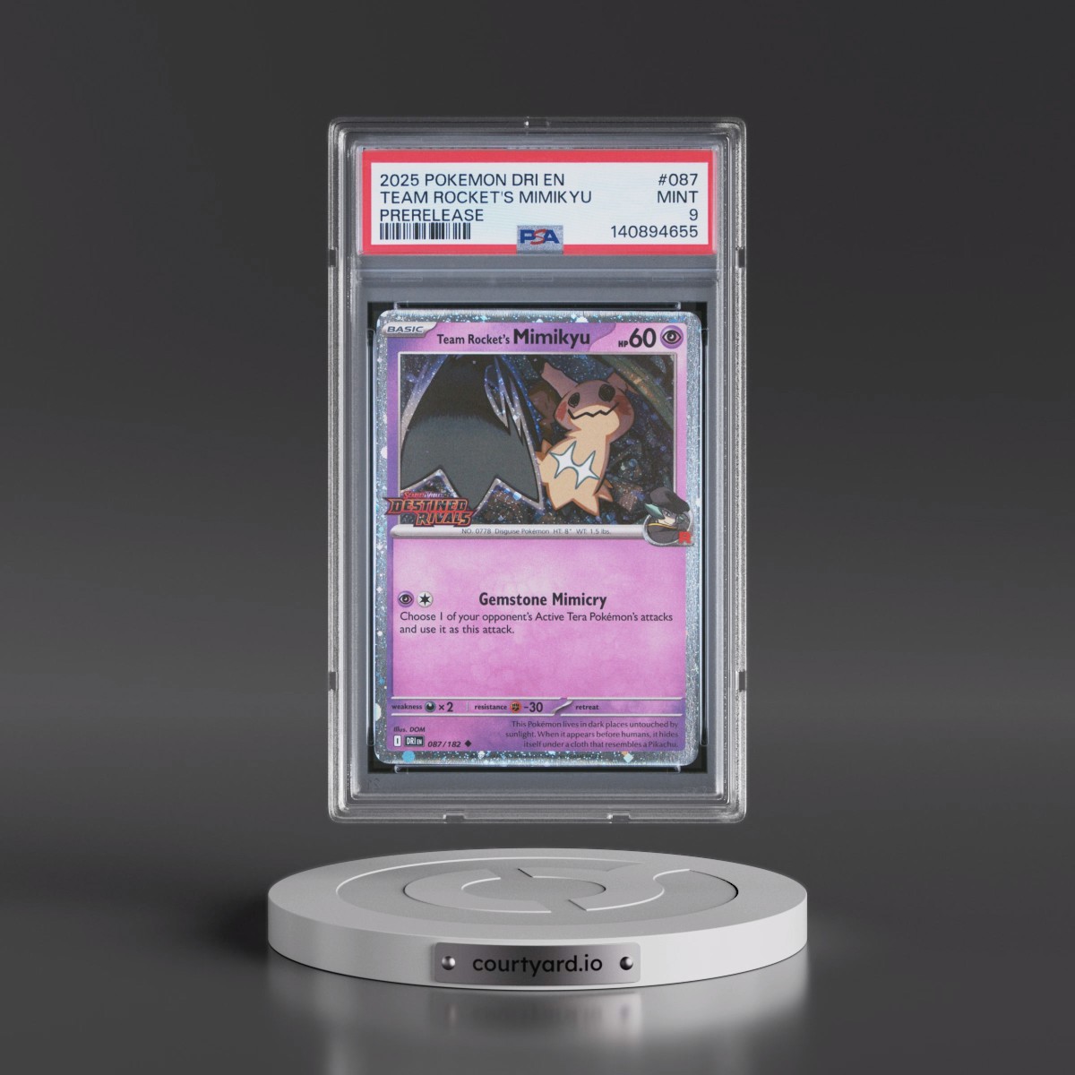 2025 Pokémon Dri EN-Destined Rivals #087 Team Rocket's Mimikyu - Prerelease (PSA 9 MINT)