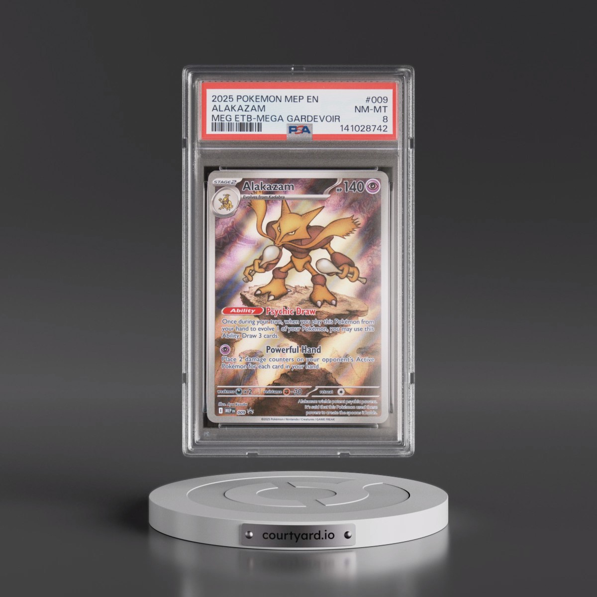 2025 Pokémon Mep EN-Me Black Star Promo #009 Alakazam - Mega Evolution Elite Trainer Box-Mega Gardevoir (PSA 8 NM-MT)