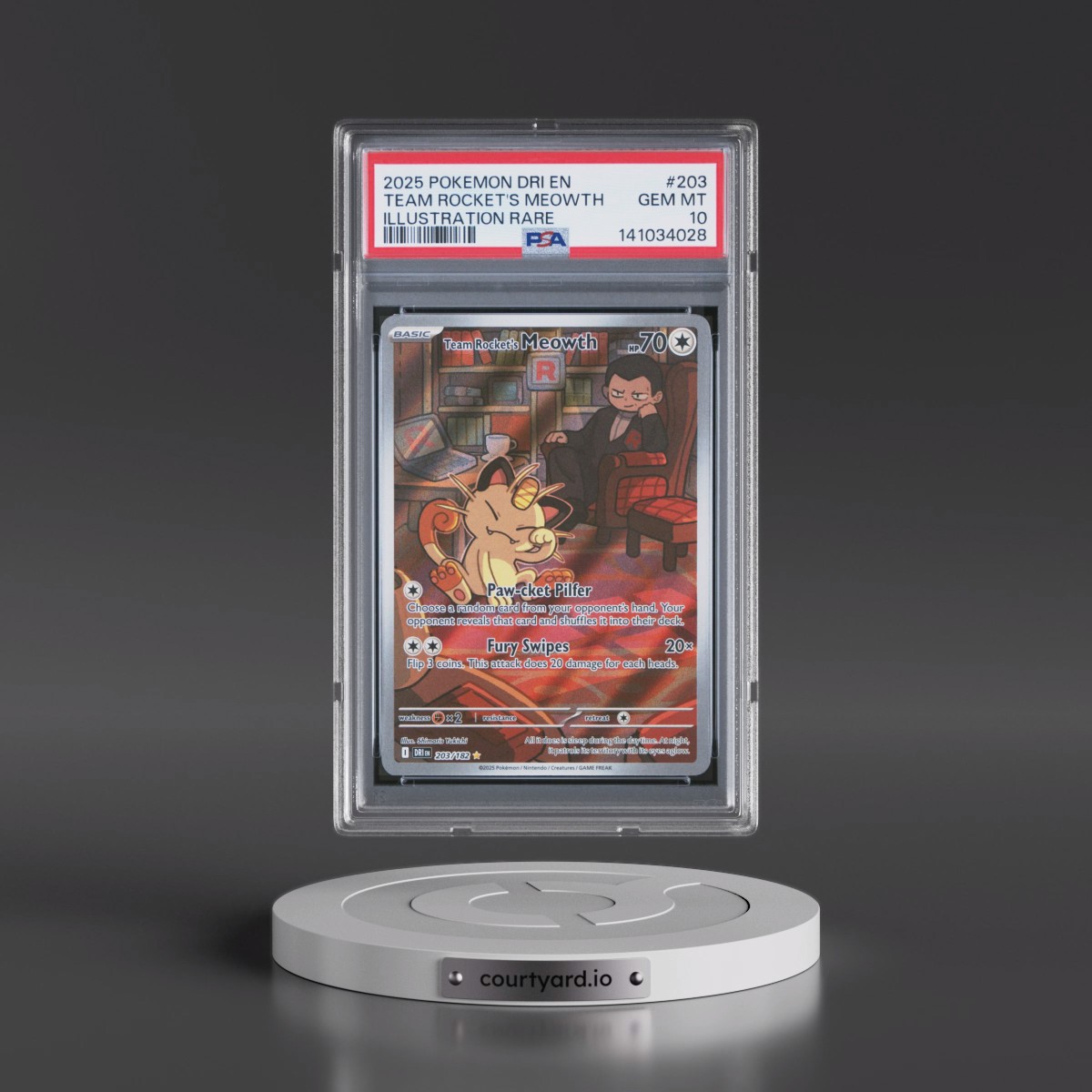 2025 Pokémon Dri EN-Destined Rivals #203 Team Rocket's Meowth - Illustration Rare (PSA 10 GEM MINT)