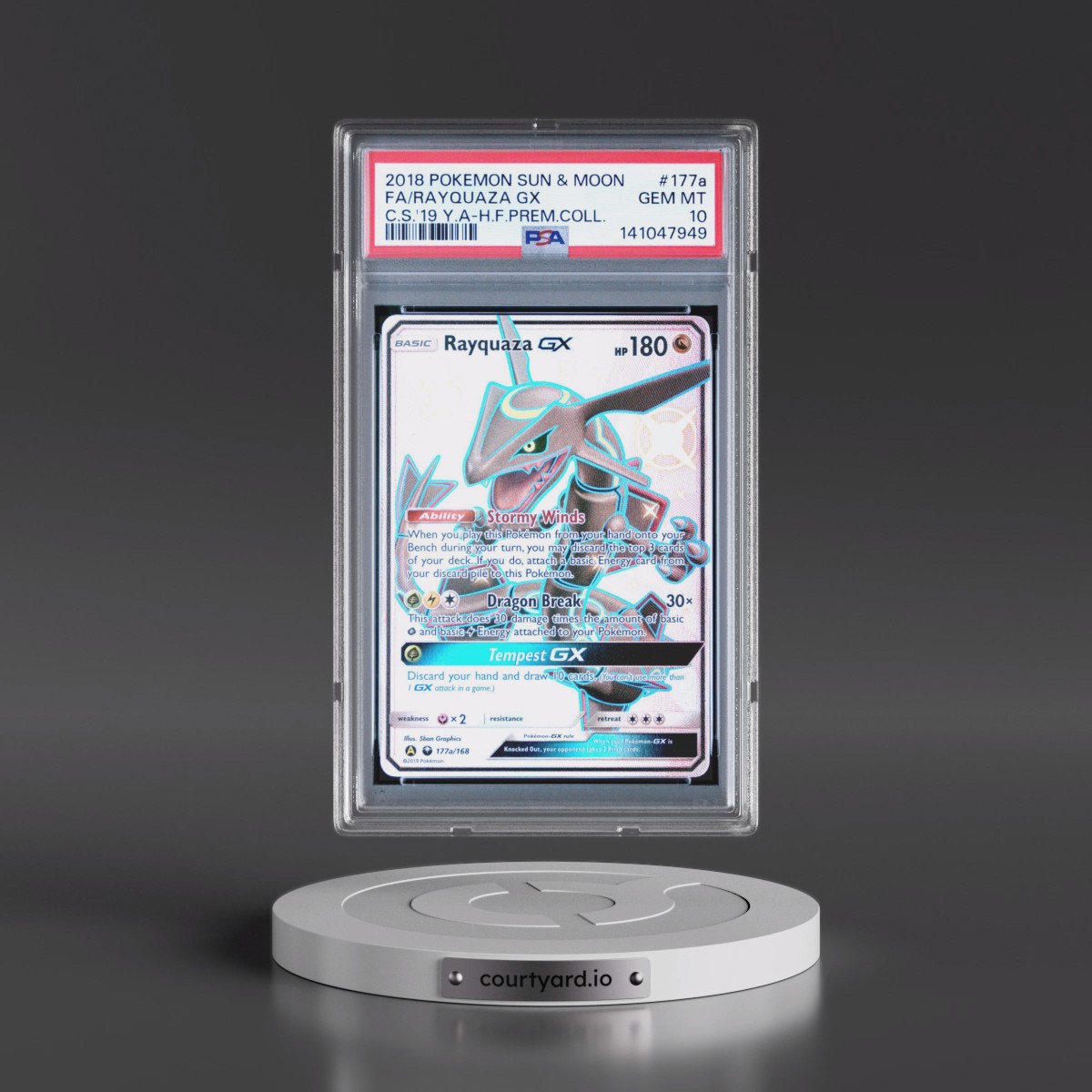 2018 Pokémon Sun & Moon Celestial Storm #177a Rayquaza GX - Holo Full Art 2019 Yellow A Hidden Fates Premium Collection (PSA 10 GEM MINT)