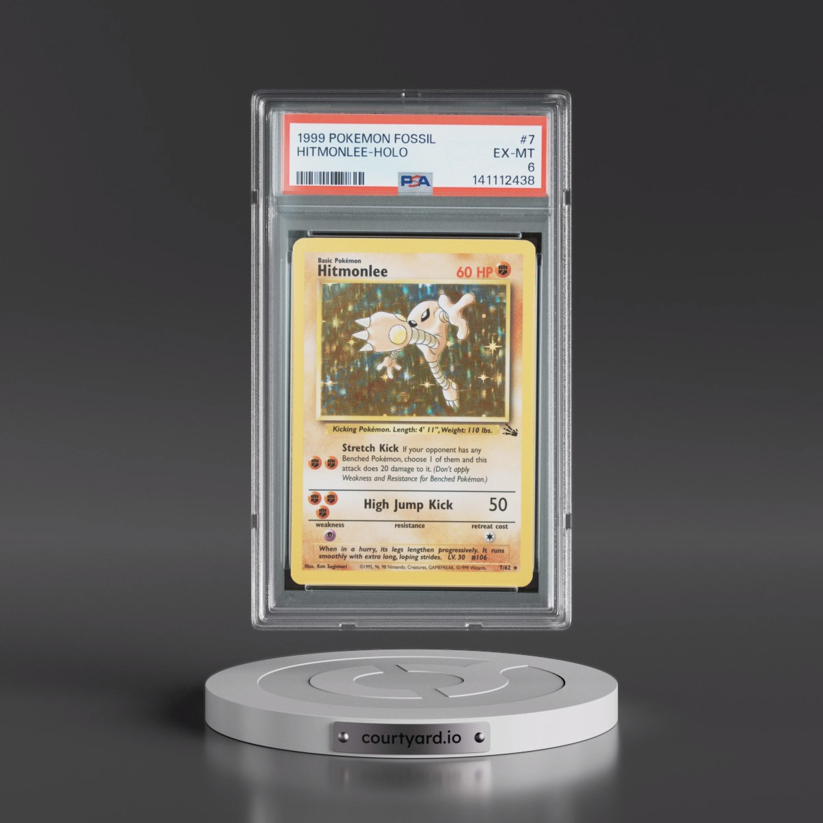 1999 Pokémon Fossil #7 Hitmonlee - Holo (PSA 6 EX-MT)