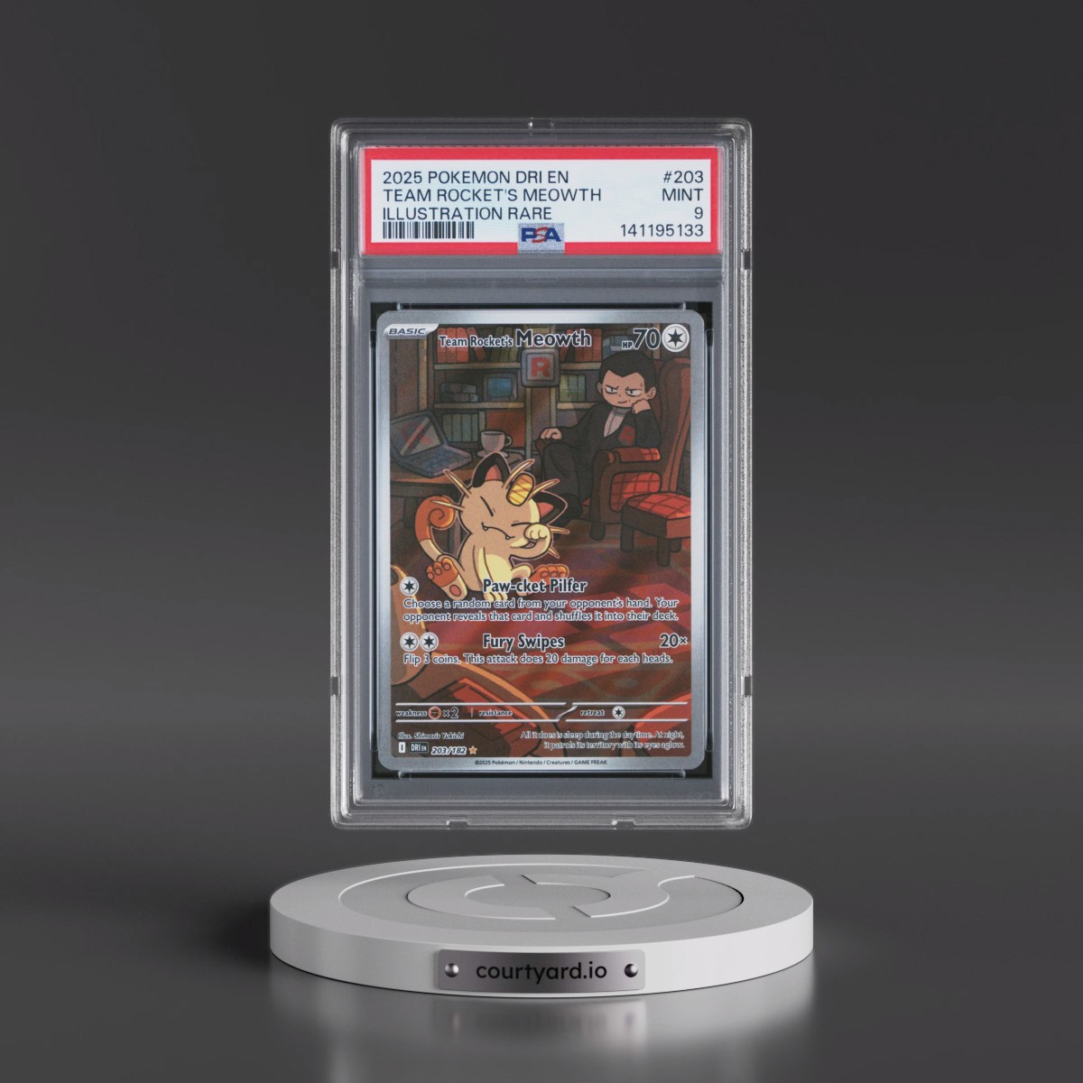 2025 Pokémon Dri EN-Destined Rivals #203 Team Rocket's Meowth - Illustration Rare (PSA 9 MINT)