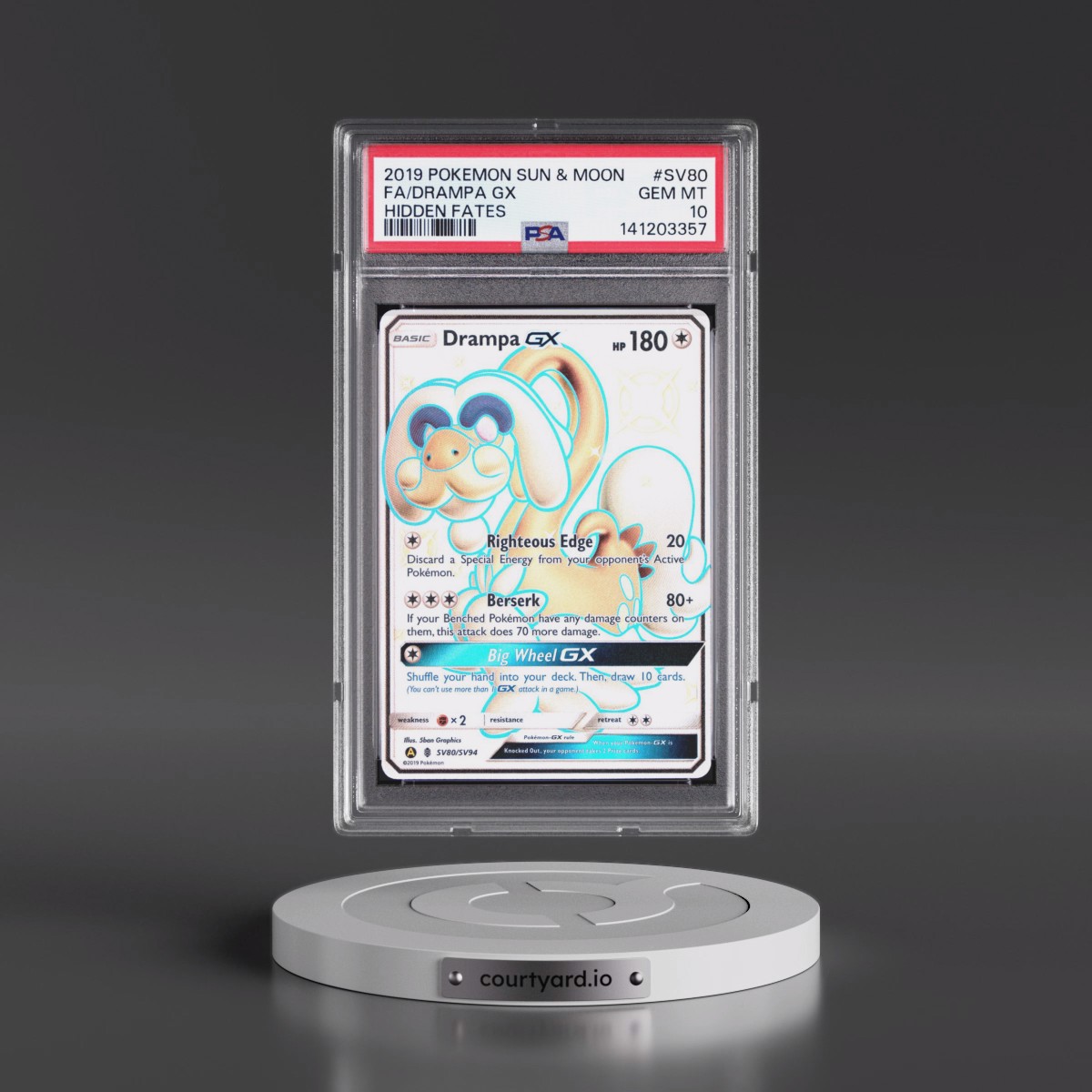 2019 Pokémon Sun & Moon Hidden Fates #SV80 Drampa GX - Holo Full Art (PSA 10 GEM MINT)