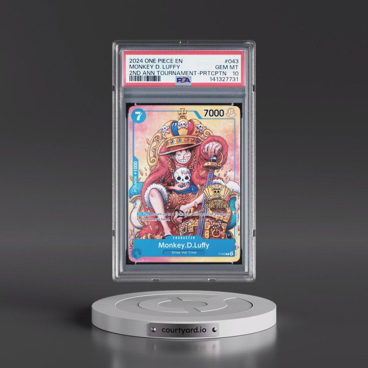 2024 One Piece Promos #043 Monkey D. Luffy - 2nd Anniversary Tournament-Participation (PSA 10 GEM MINT)