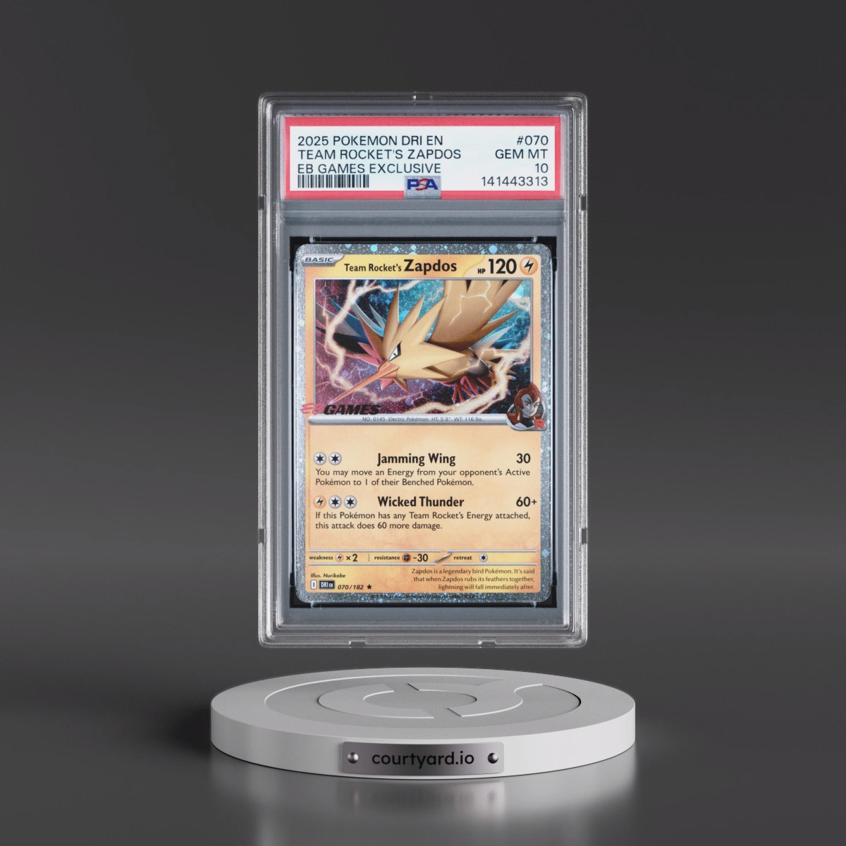 2025 Pokémon Dri EN-Destined Rivals #070 Team Rocket's Zapdos - EB Games Exclusive (PSA 10 GEM MINT)