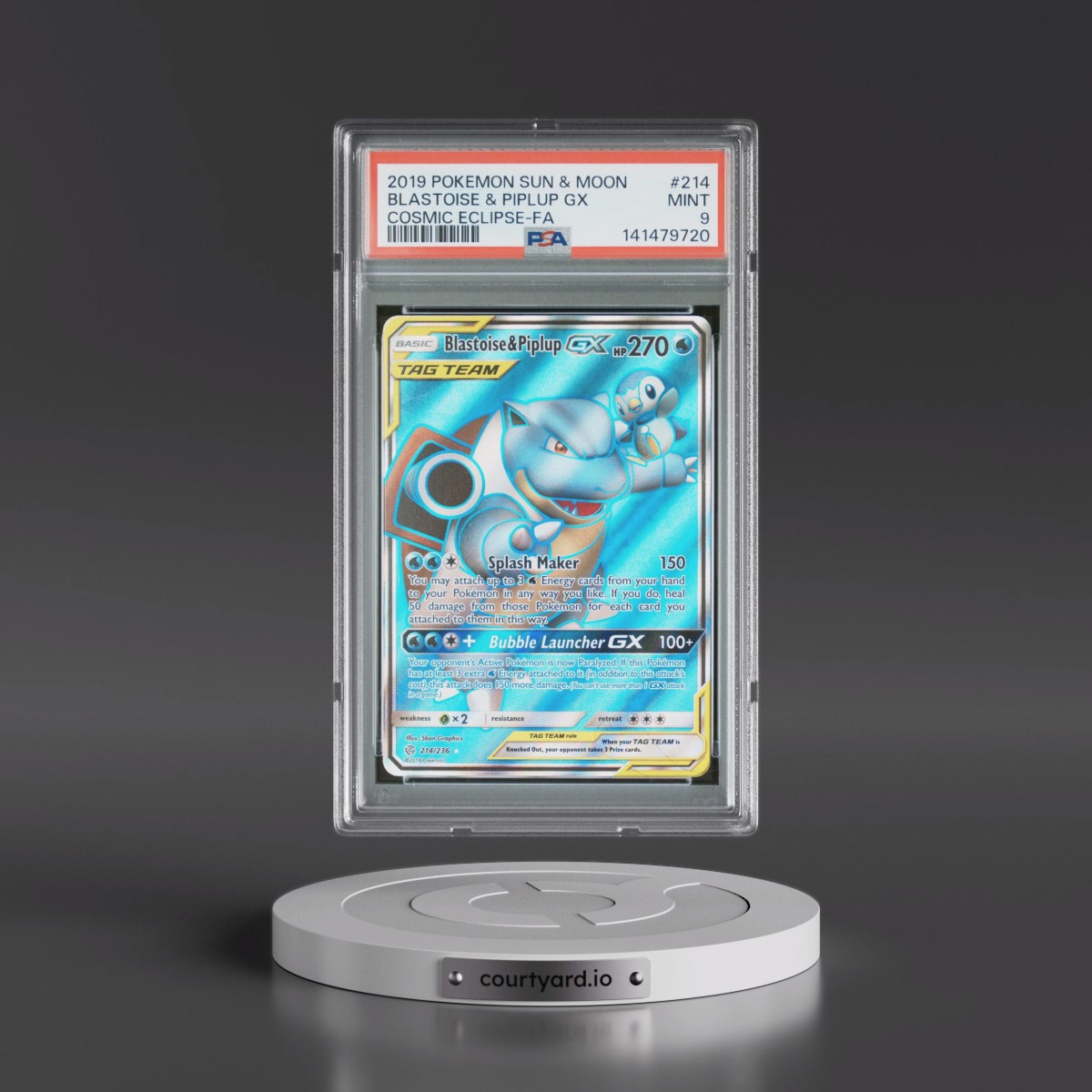 2019 Pokémon Sun & Moon Cosmic Eclipse #214 Blastoise & Piplup GX - Holo Full Art (PSA 9 MINT)