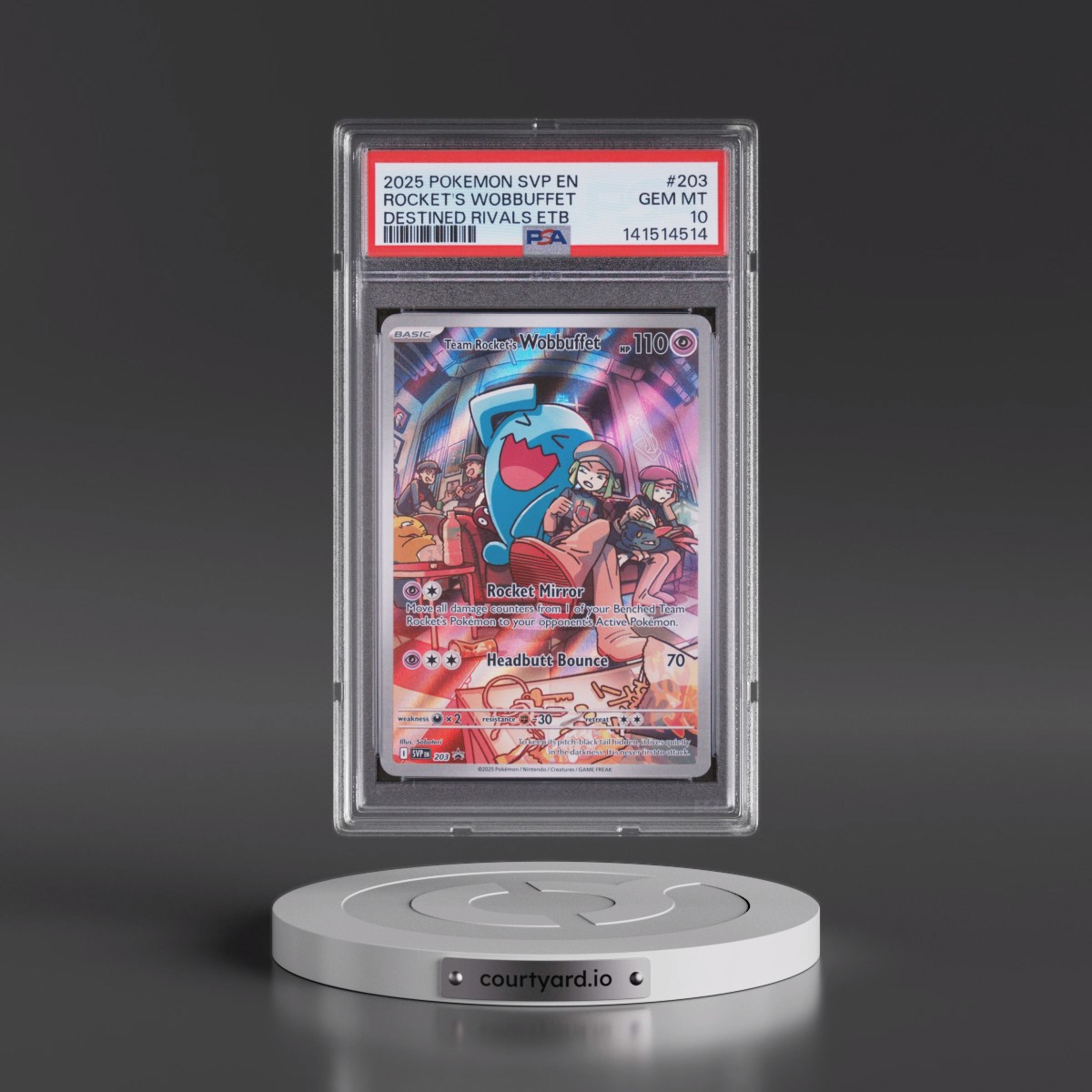 2025 Pokémon Svp EN-SV Black Star Promo #203 Team Rocket's Wobbuffet - Destined Rivals Elite Trainer Box (PSA 10 GEM MINT)