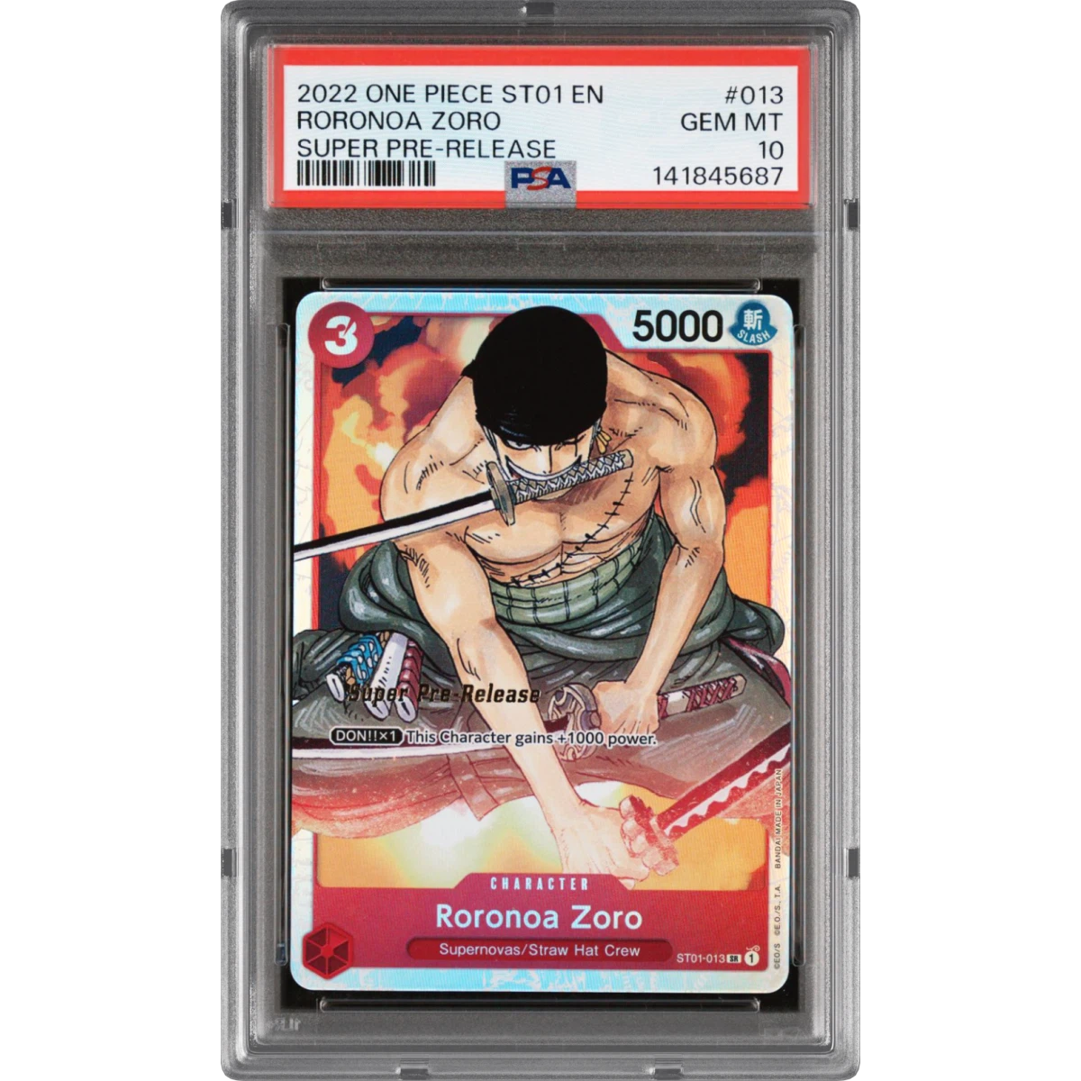 2022 One Piece Starter Deck ST01-Straw Hat Crew #013 Roronoa Zoro - Super Pre-Release (PSA 10 GEM MINT)