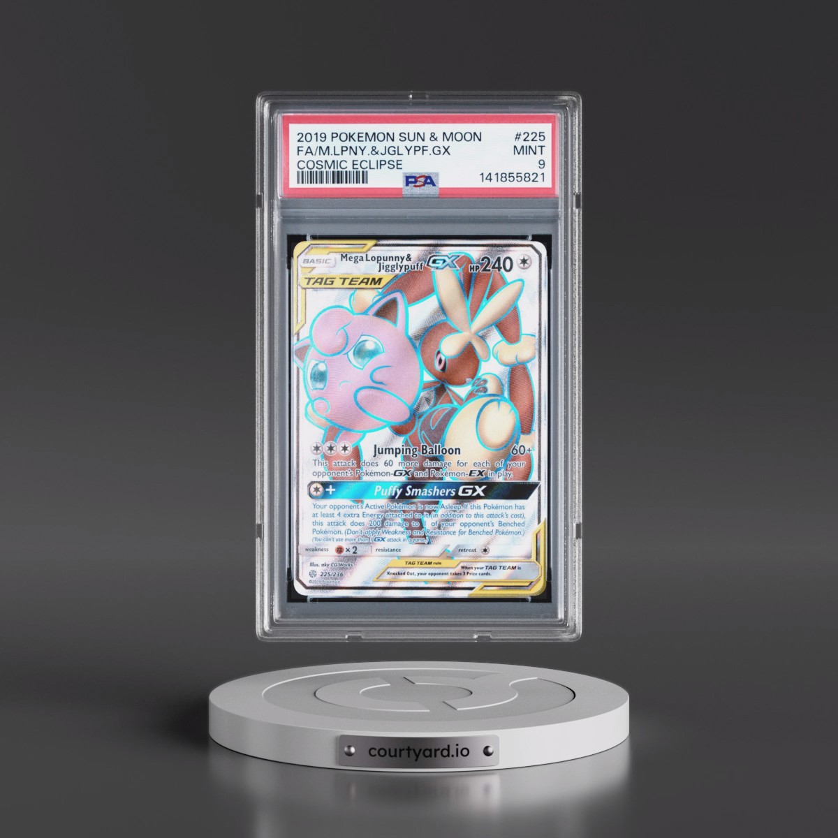 2019 Pokémon Sun & Moon Cosmic Eclipse #225 Mega Lopunny & Jigglypuff GX - Holo Full Art (PSA 9 MINT)