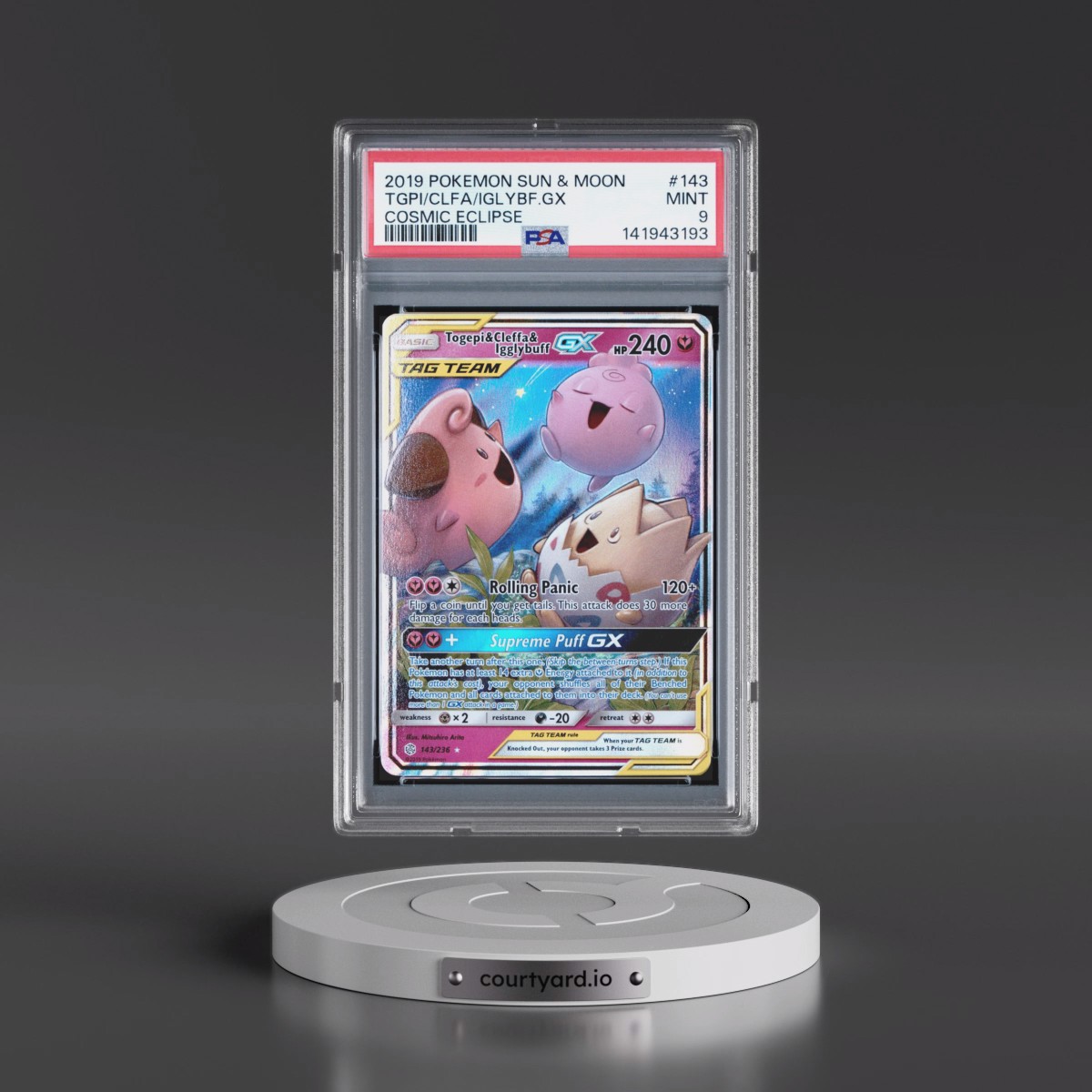 2019 Pokémon Sun & Moon Cosmic Eclipse #143 Togepi & Cleffa & Igglybuff GX - Holo (PSA 9 MINT)