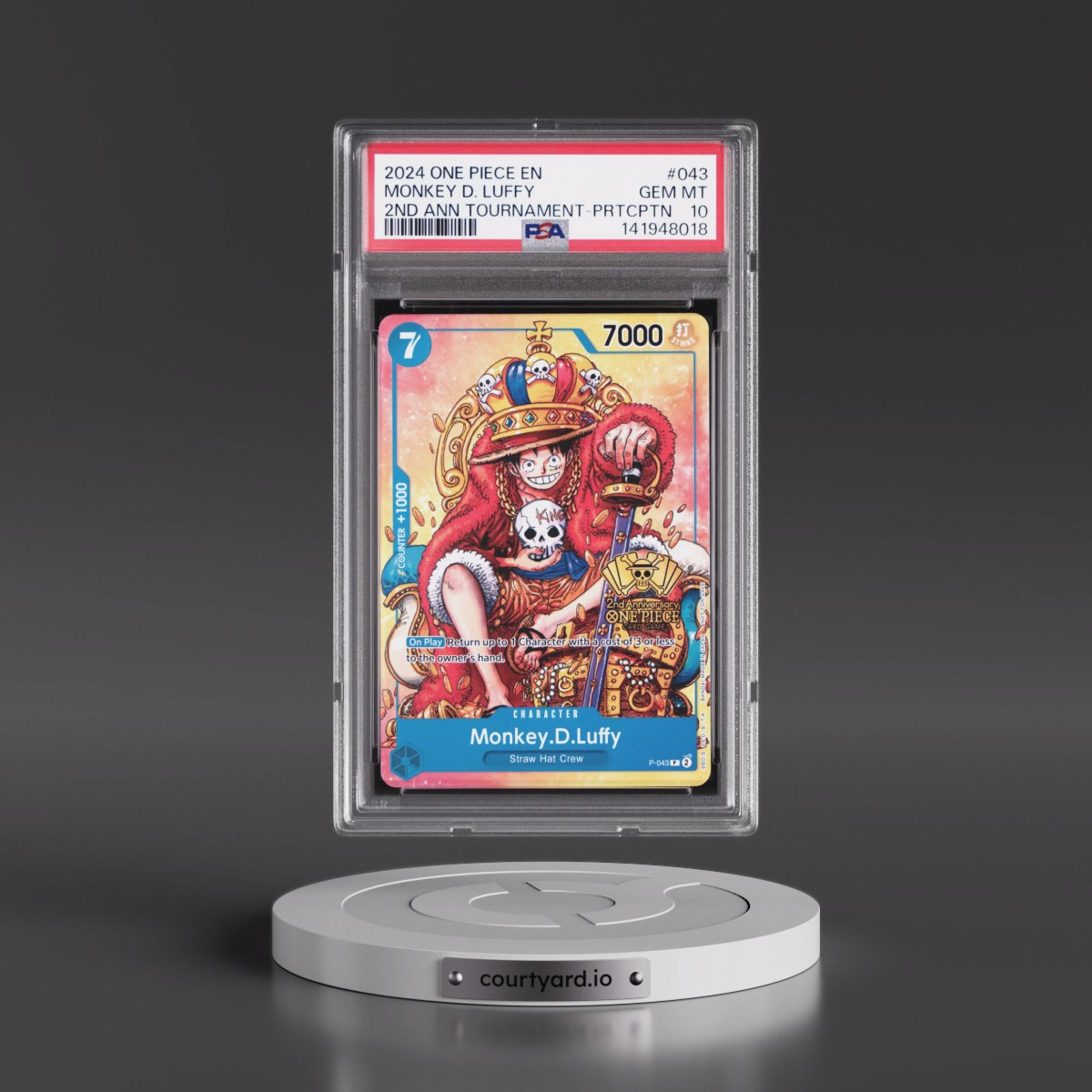 2024 One Piece Promos #043 Monkey D. Luffy - 2nd Anniversary Tournament-Participation (PSA 10 GEM MINT)