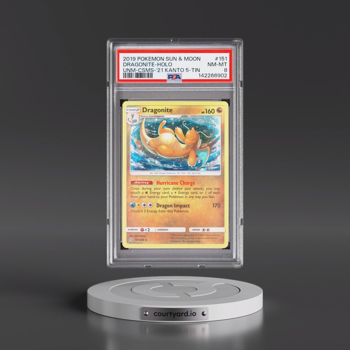 2019 Pokémon Sun & Moon Unified Minds #151 Dragonite - Holo Cosmos-2021 Kanto 5-Tin Exclusive (PSA 8 NM-MT)