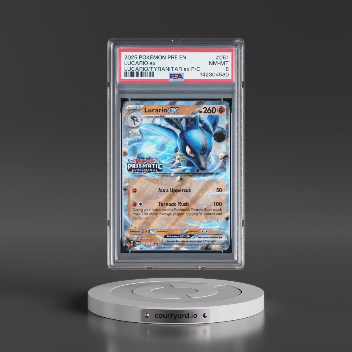 2025 Pokémon Pre EN-Prismatic Evolutions #051 Lucario EX - Holo Lucario EX & Tyranitar EX Premium Collection (PSA 8 NM-MT)