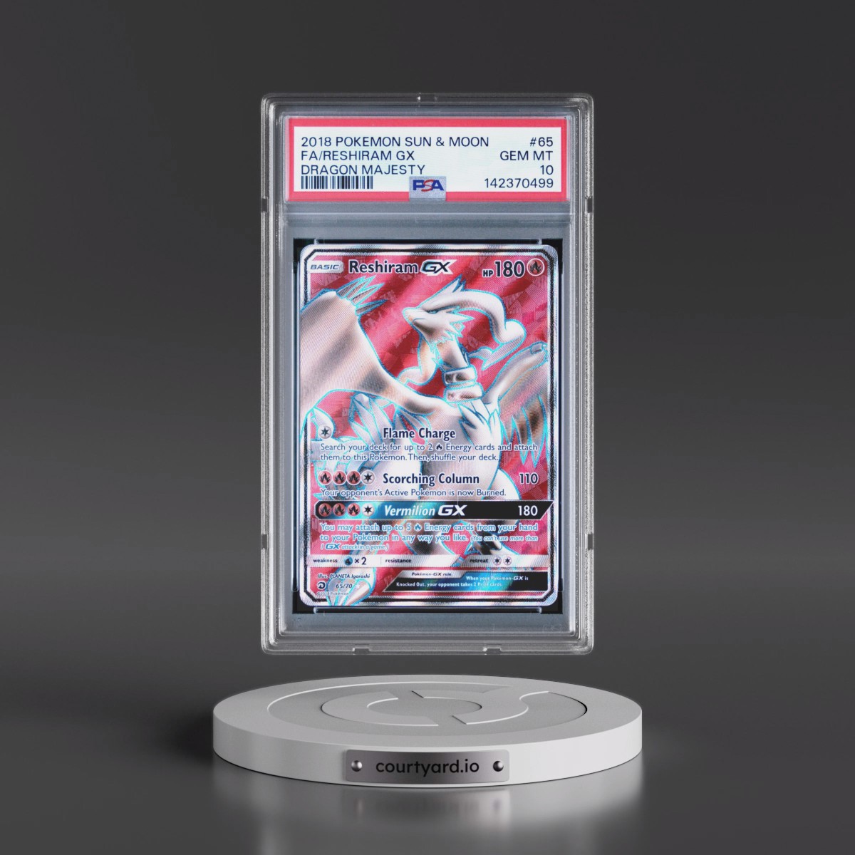 2018 Pokémon Sun & Moon Dragon Majesty #65 Reshiram GX - Holo Full Art (PSA 10 GEM MINT)