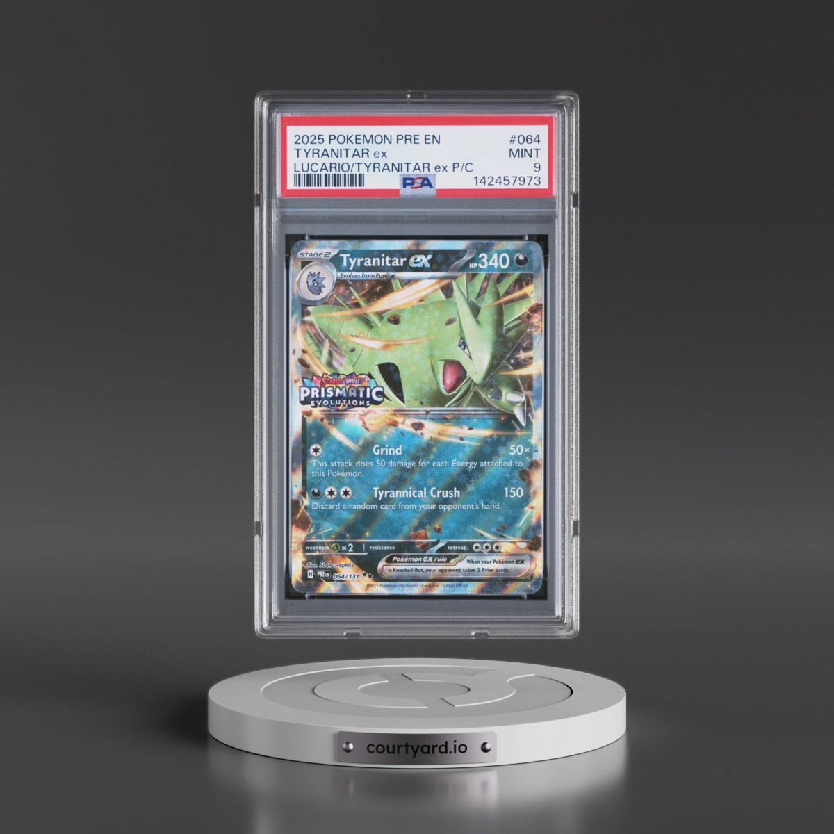 2025 Pokémon Pre EN-Prismatic Evolutions #064 Tyranitar EX - Holo Lucario EX & Tyranitar EX Premium Collection (PSA 9 MINT)