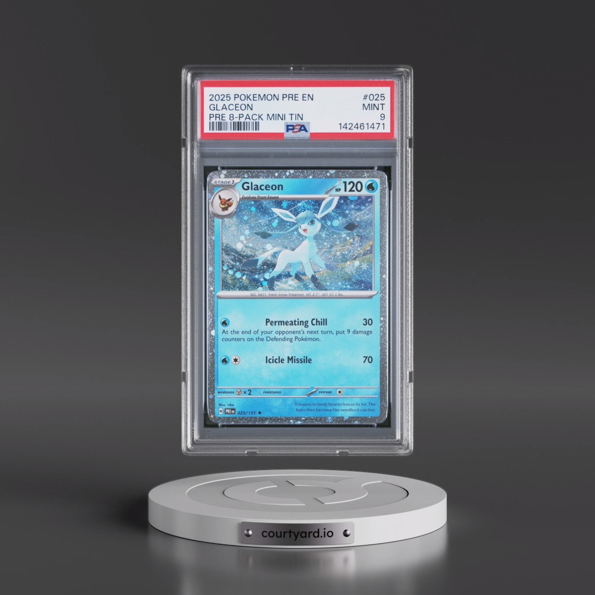 2025 Pokémon Pre EN-Prismatic Evolutions #025 Glaceon - Prismatic Evolutions 8-Pack Mini Tin (PSA 9 MINT)