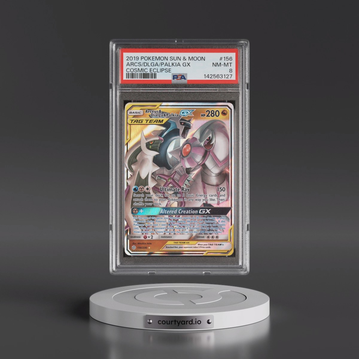 2019 Pokémon Sun & Moon Cosmic Eclipse #156 Arceus & Dialga & Palkia GX - Holo (PSA 8 NM-MT)