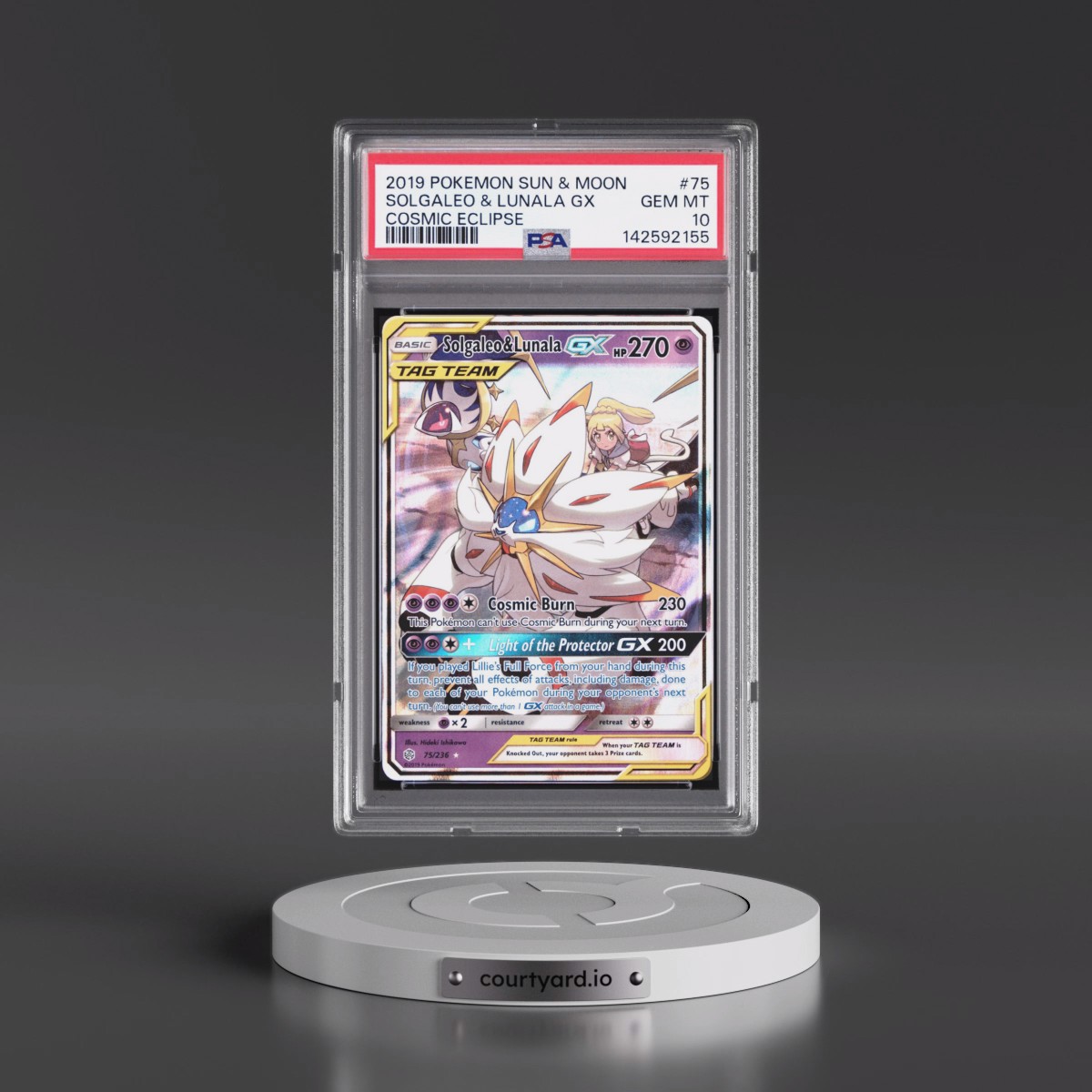 2019 Pokémon Sun & Moon Cosmic Eclipse #75 Solgaleo & Lunala GX - Holo (PSA 10 GEM MINT)