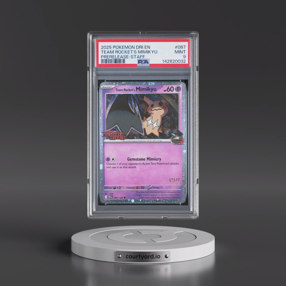 2025 Pokémon Dri EN-Destined Rivals #087 Team Rocket's Mimikyu - Prerelease-Staff (PSA 9 MINT)