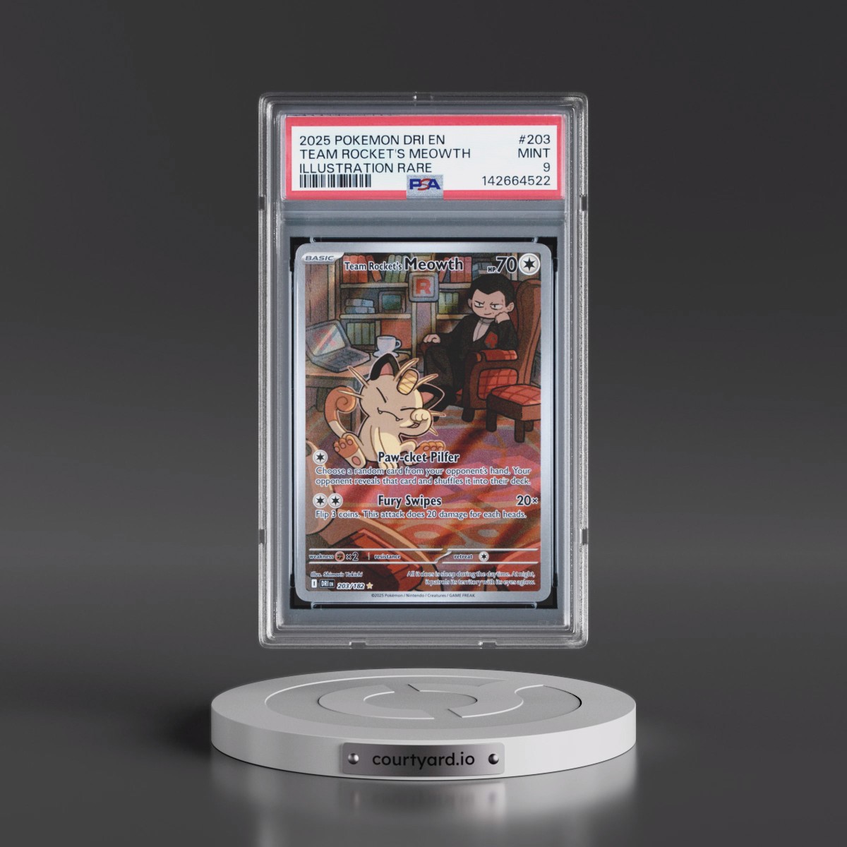 2025 Pokémon Dri EN-Destined Rivals #203 Team Rocket's Meowth - Illustration Rare (PSA 9 MINT)