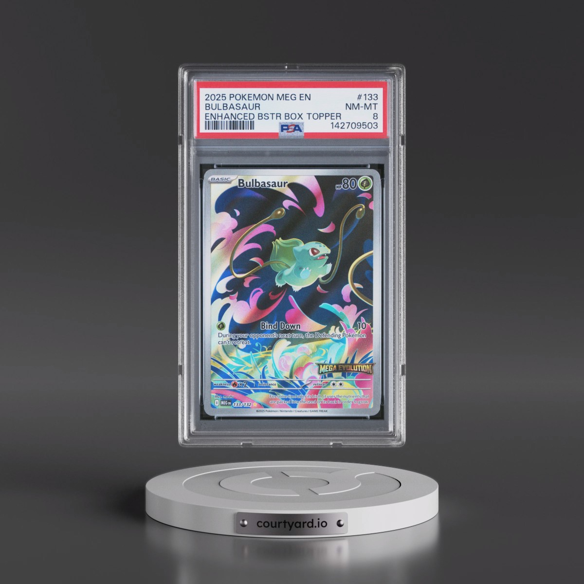 2025 Pokémon Meg EN-Mega Evolution #133 Bulbasaur - Enhanced Booster Box Topper (PSA 8 NM-MT)