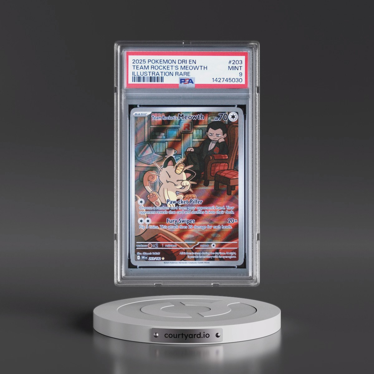2025 Pokémon Dri EN-Destined Rivals #203 Team Rocket's Meowth - Illustration Rare (PSA 9 MINT)