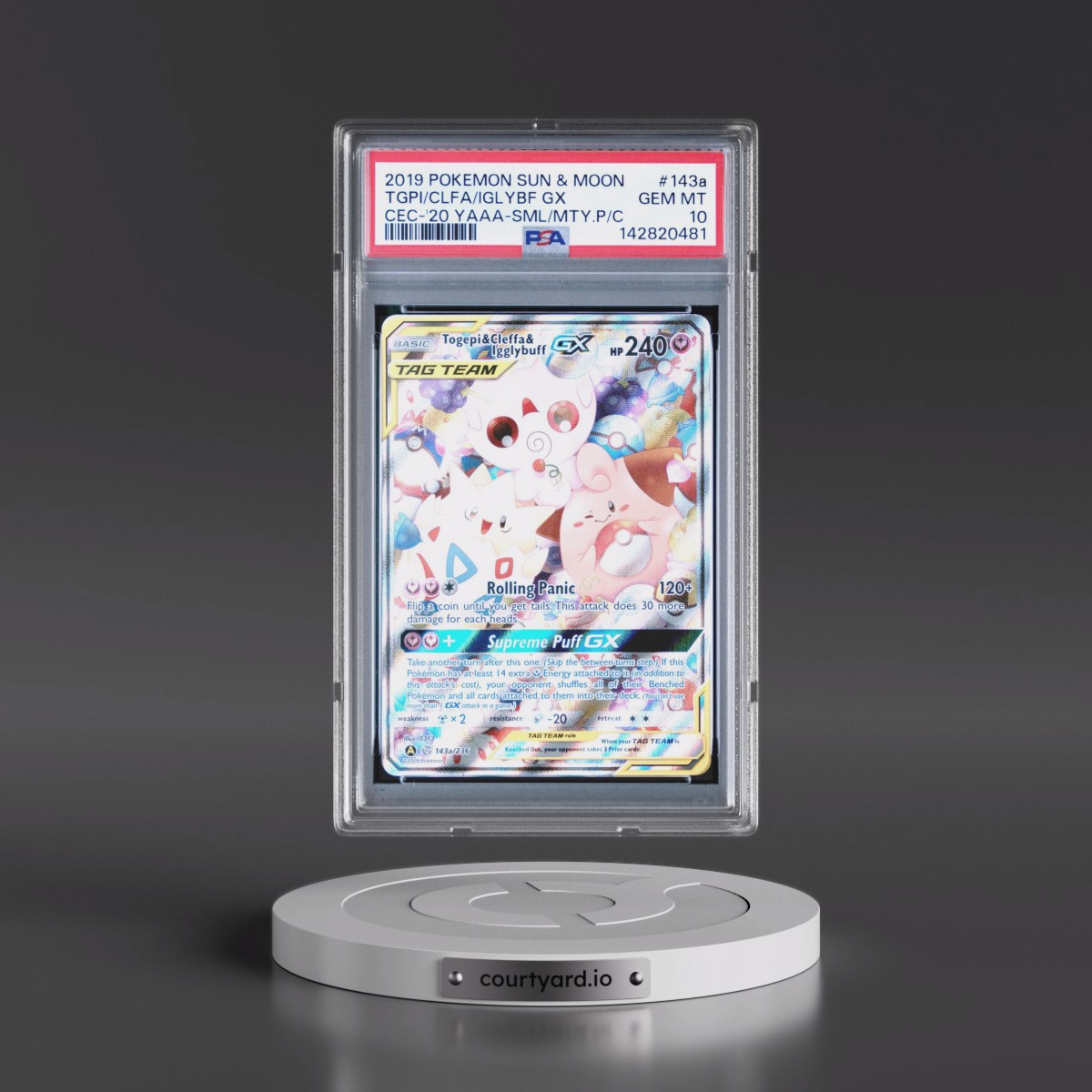 2019 Pokémon Sun & Moon Cosmic Eclipse #143a Togepi & Cleffa & Igglybuff GX - Holo 2020 Yellow A Alternate Art Small But Mighty Premium Collection (PSA 10 GEM MINT)