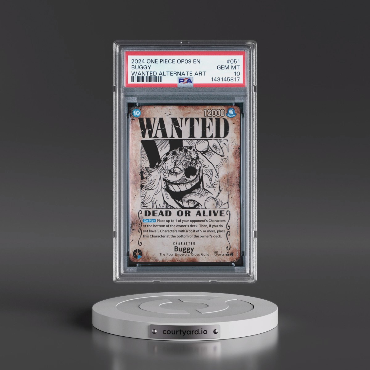 2024 One Piece OP09-Emperors in the New World #051 Buggy - Wanted Alternate Art (PSA 10 GEM MINT)