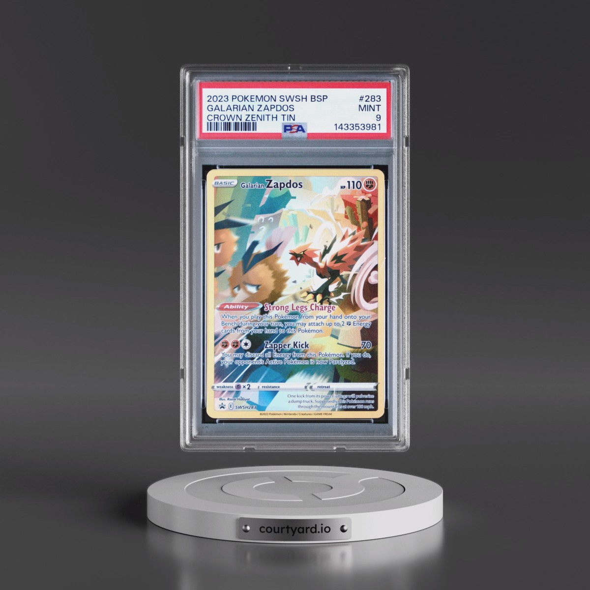 2023 Pokémon Swsh Black Star Promo #283 Galarian Zapdos - Crown Zenith Tin (PSA 9 MINT)