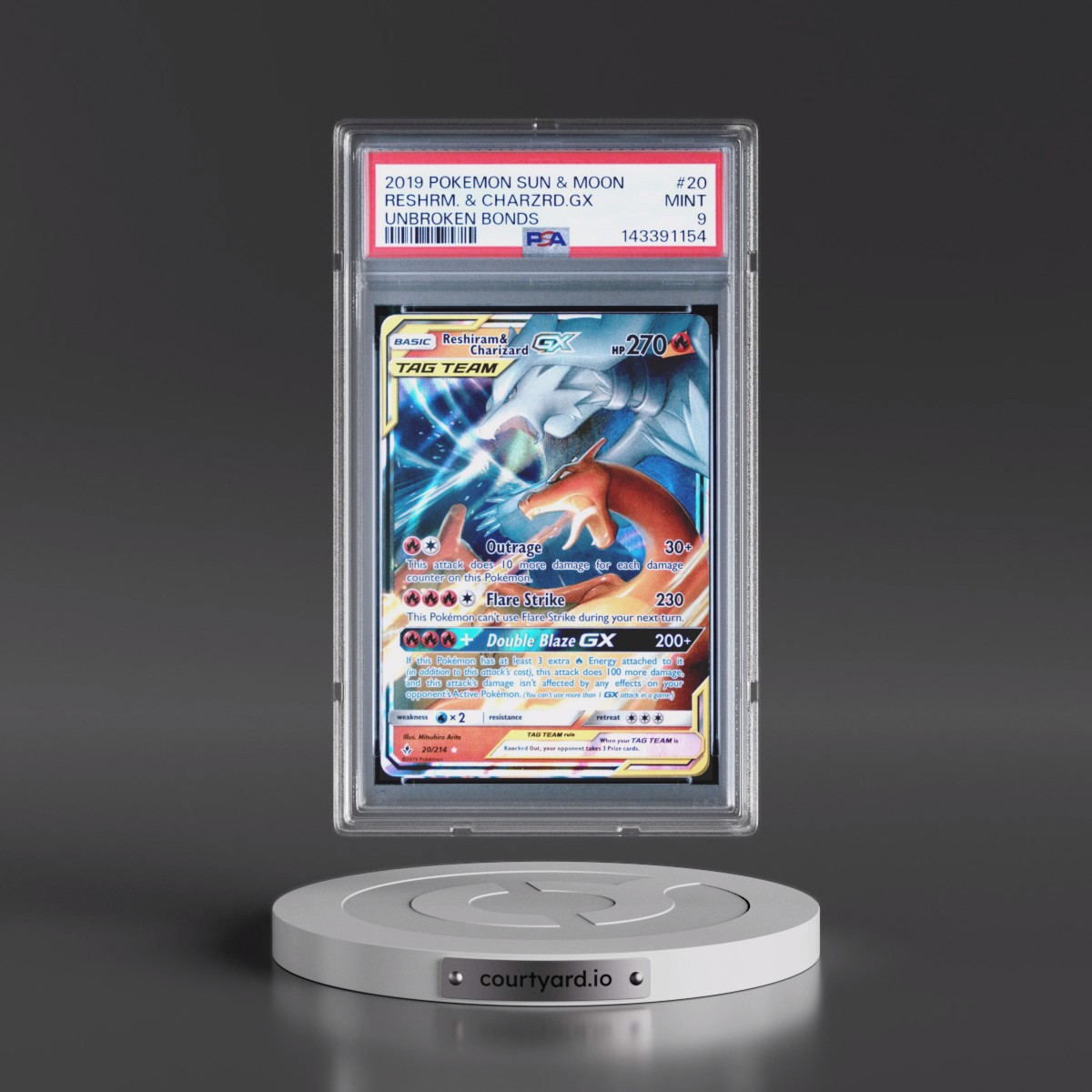 2019 Pokémon Sun & Moon Unbroken Bonds #20 Reshiram & Charizard GX - Holo (PSA 9 MINT)