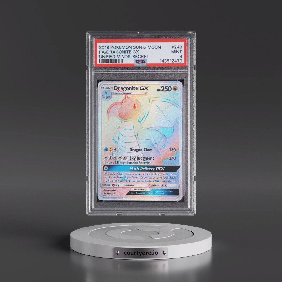 2019 Pokémon Sun & Moon Unified Minds #248 Dragonite GX - Holo Full Art Secret (PSA 9 MINT)