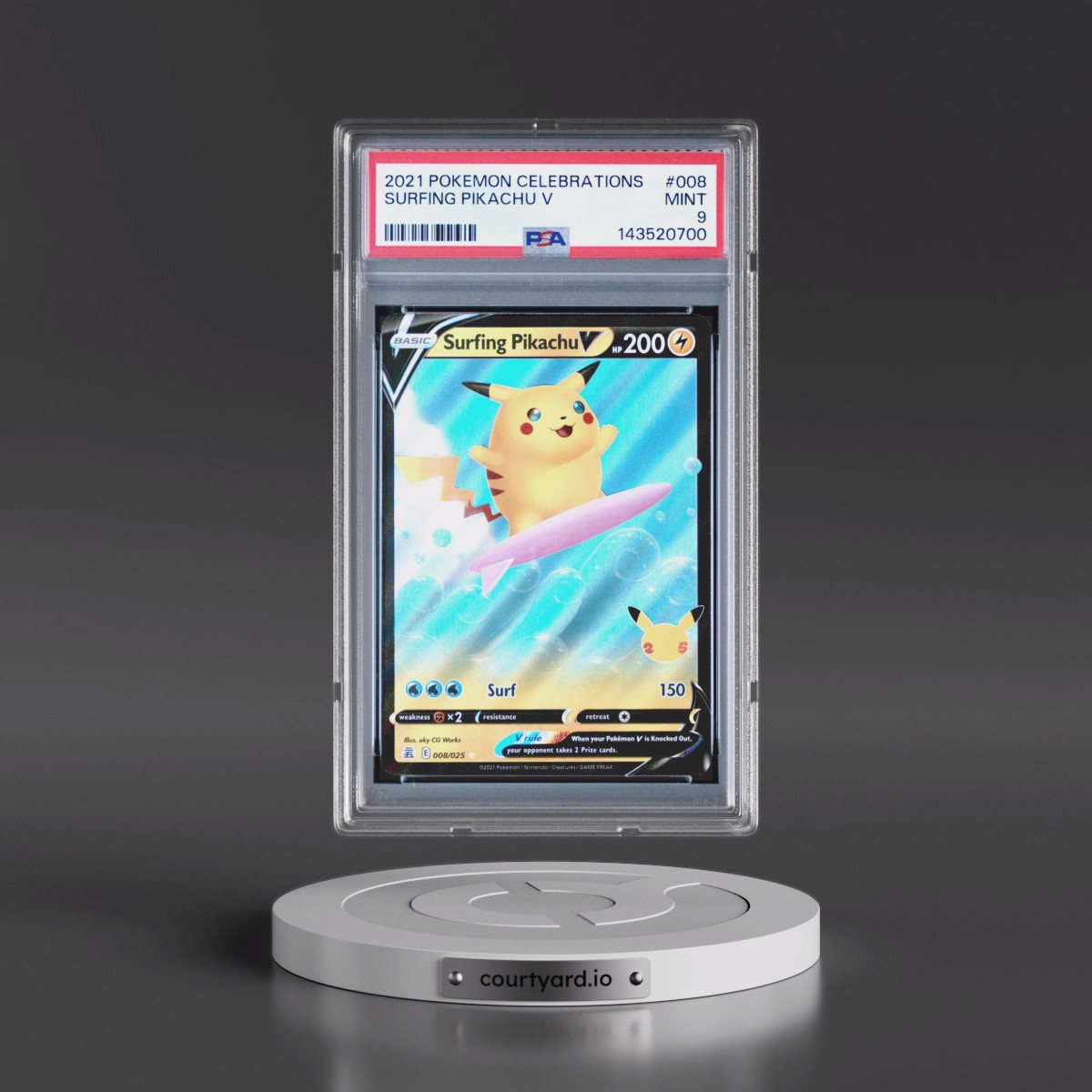 pokemon card surfing pikachu v Collection 2021 25th Anniversary Japanese Ultra Rare #21 PSA Authenticated 10 clear acrylic holder that perfectly accentuates the stunning visual design and character artwork Surfing Pikachu V Orica Pokémon